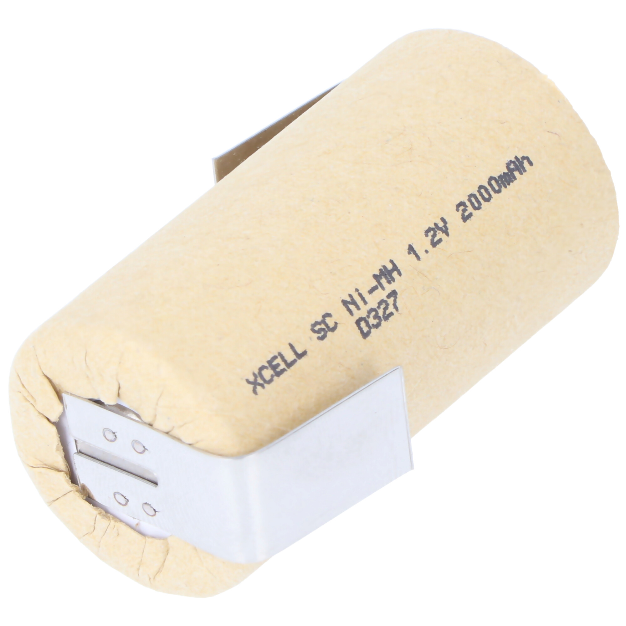 Eine zylindrische Batterie mit beigefarbenem Papierumschlag. Sie hat Metallhalterungen und Text.