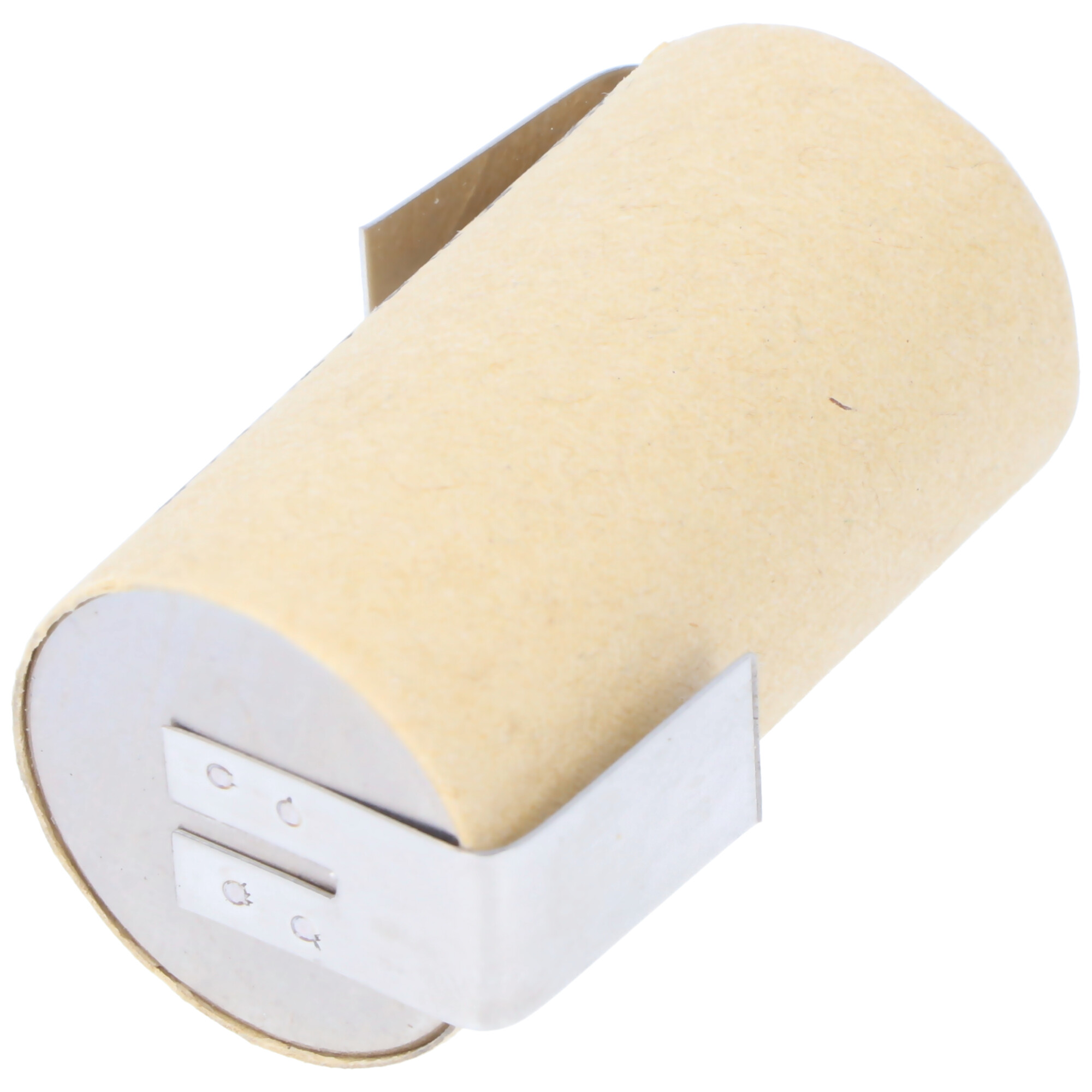 Beige, zylindrische Batterie mit Metalllaschen, isoliert auf weißem Hintergrund.