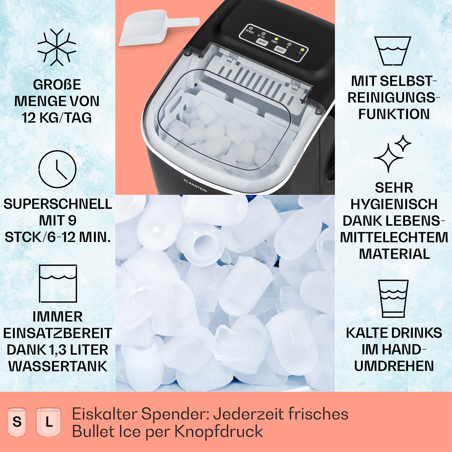 Eismaschine mit Eiswürfeln und Textbeschreibung der Merkmale.