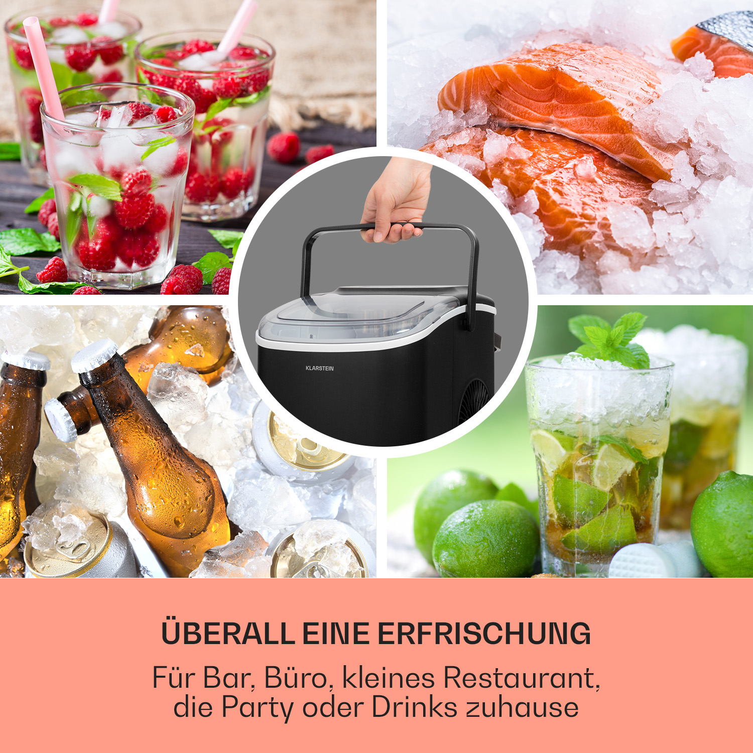 Eismaschine mit Getränken und Speisen im Hintergrund. Der Text handelt von einem erfrischenden Erlebnis.