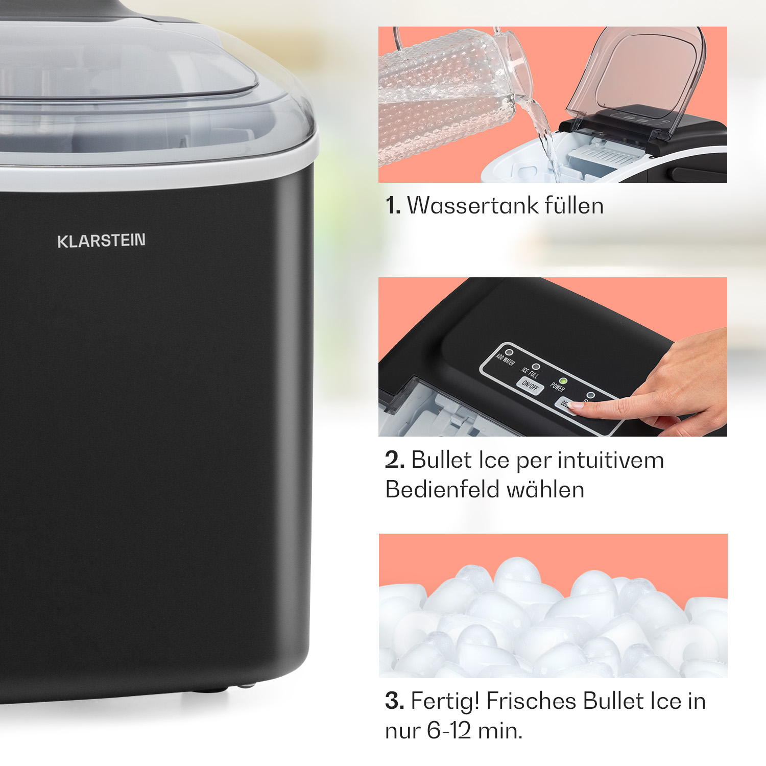 Eisbereiter mit drei Schritten: Wasser füllen, Eis wählen und frisches Eis.