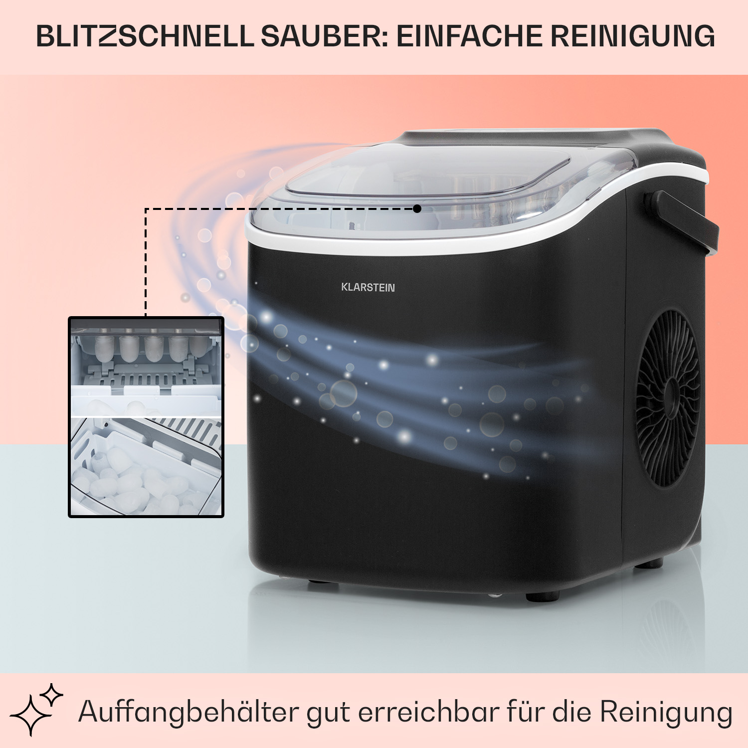 Schwarzer Eisbereiter mit transparentem Deckel. Text sagt einfache Reinigung.