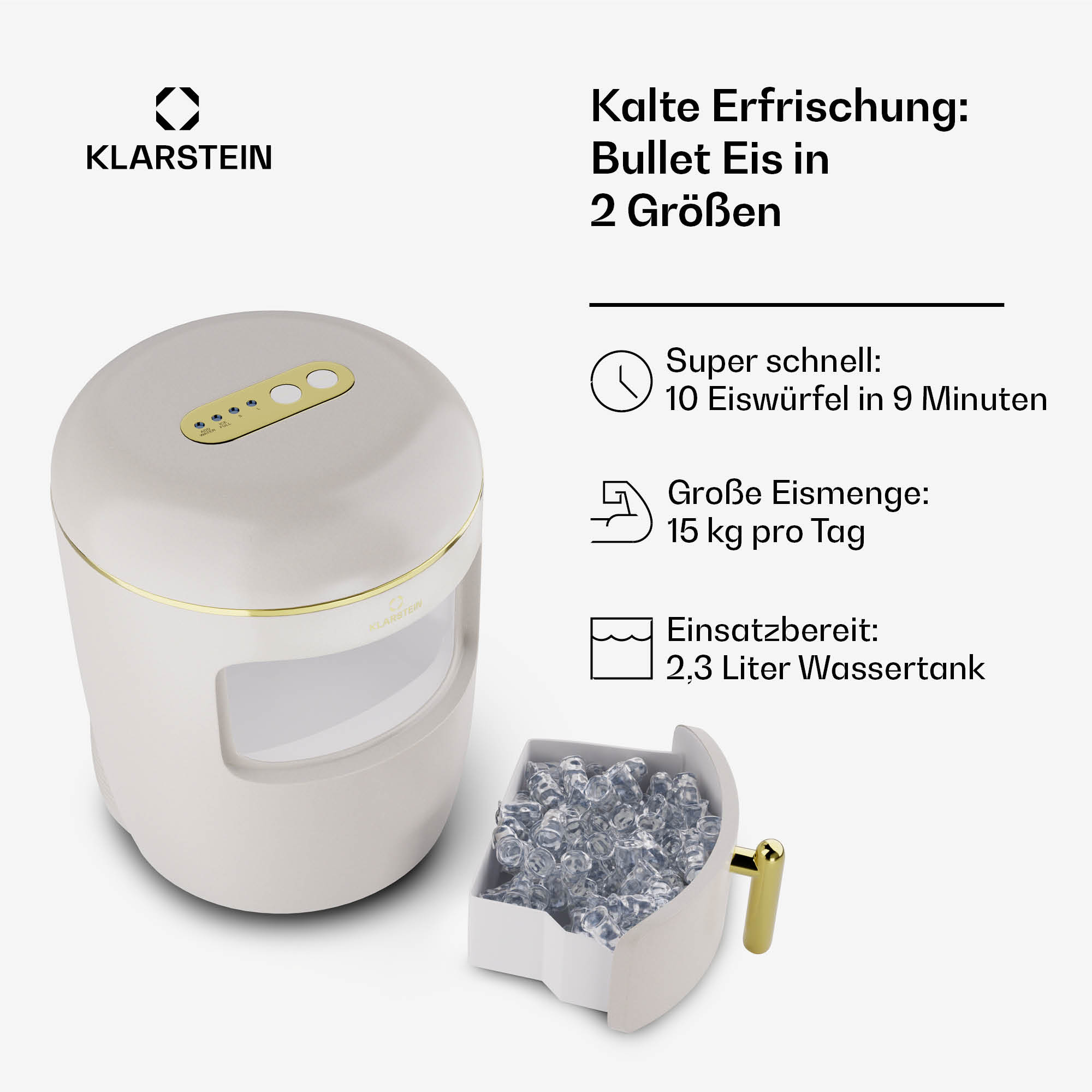 Eine weiße und goldene Eismaschine mit einem Eisbehälter und Text auf Deutsch. Zeigt Eiswürfel.