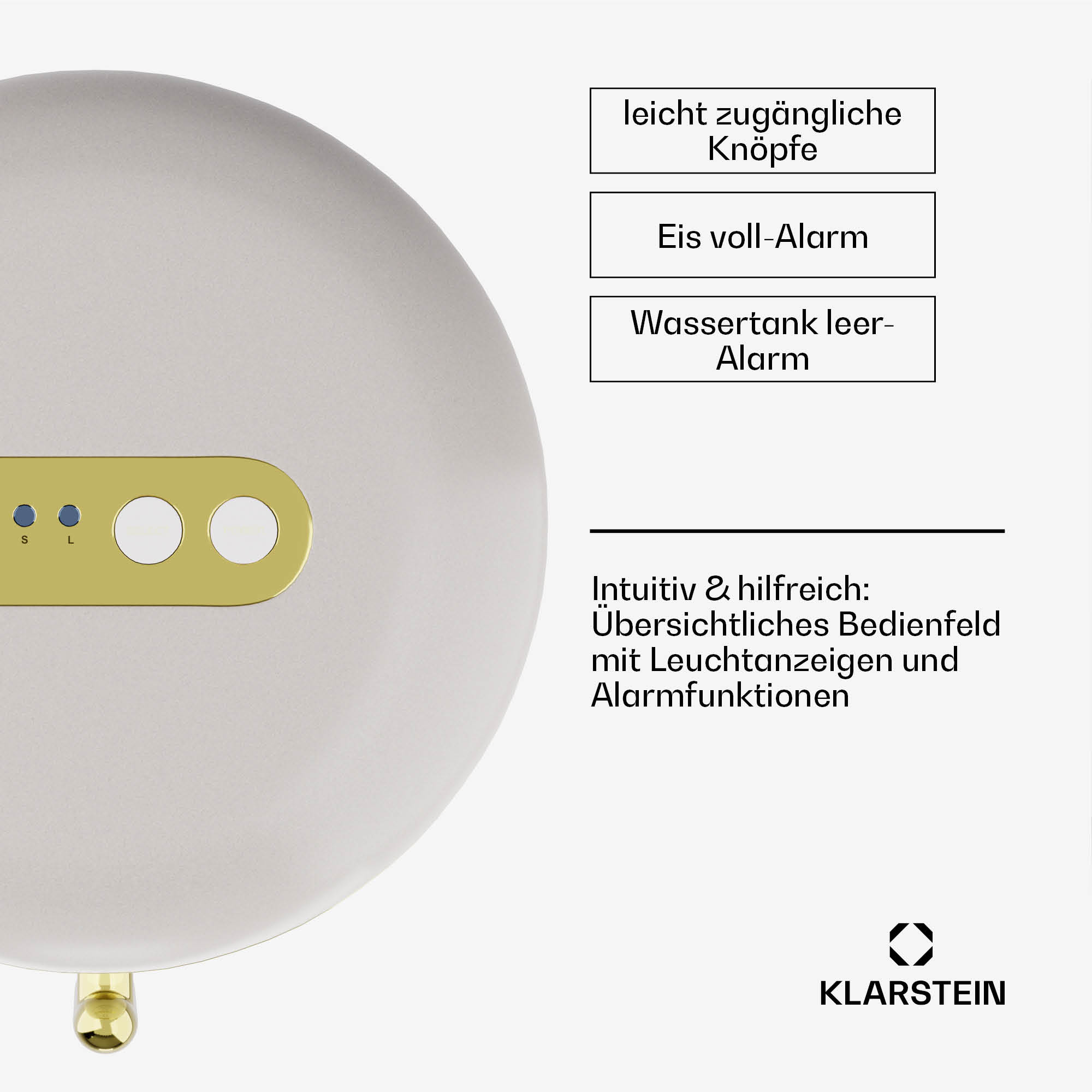 Ein silberfarbenes Gerät mit Knöpfen und Text, mit dem Klarstein-Logo.