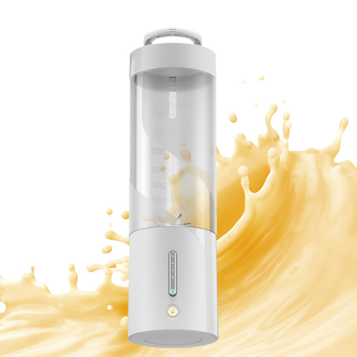 Weißer tragbarer Mixer mit Flüssigkeit und gelbem Spritzhintergrund.