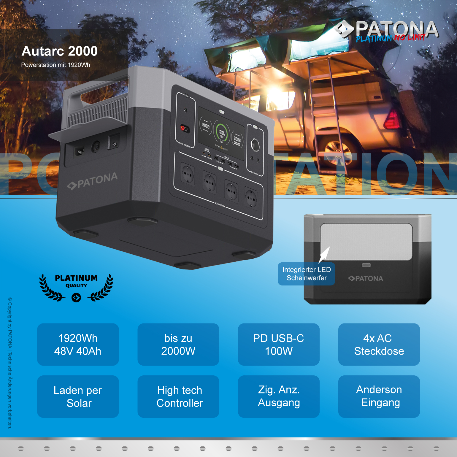 PD100W 1920Wh grau 2000W 2000W / PATONA / schwarz Autarc Powerstation 2000