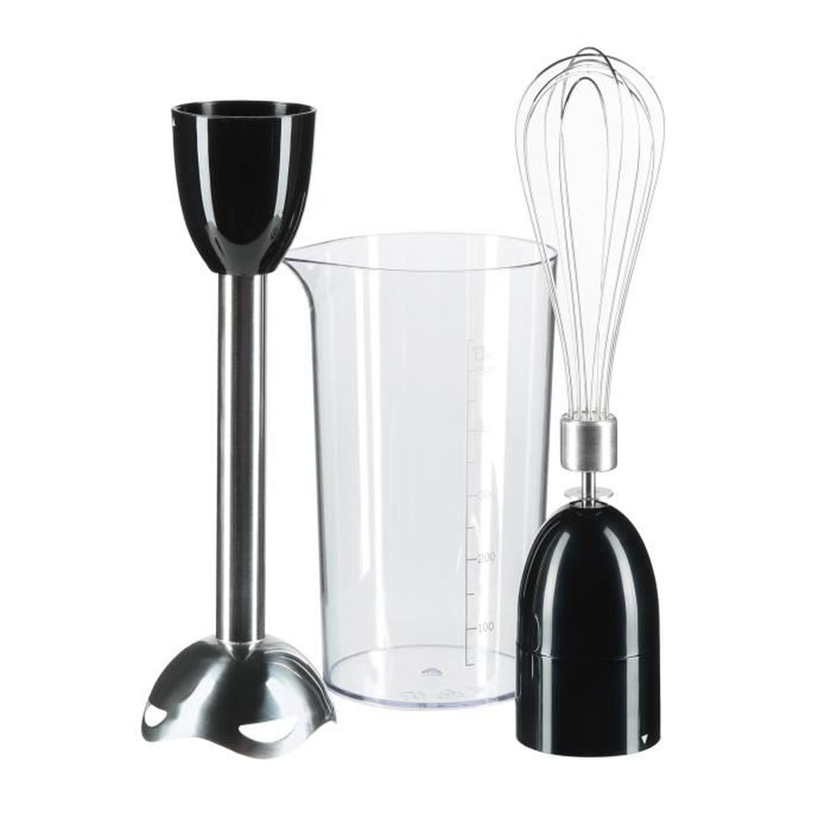 Una batidora de mano con partes: motor, batidor y taza medidora, todo sobre fondo blanco.