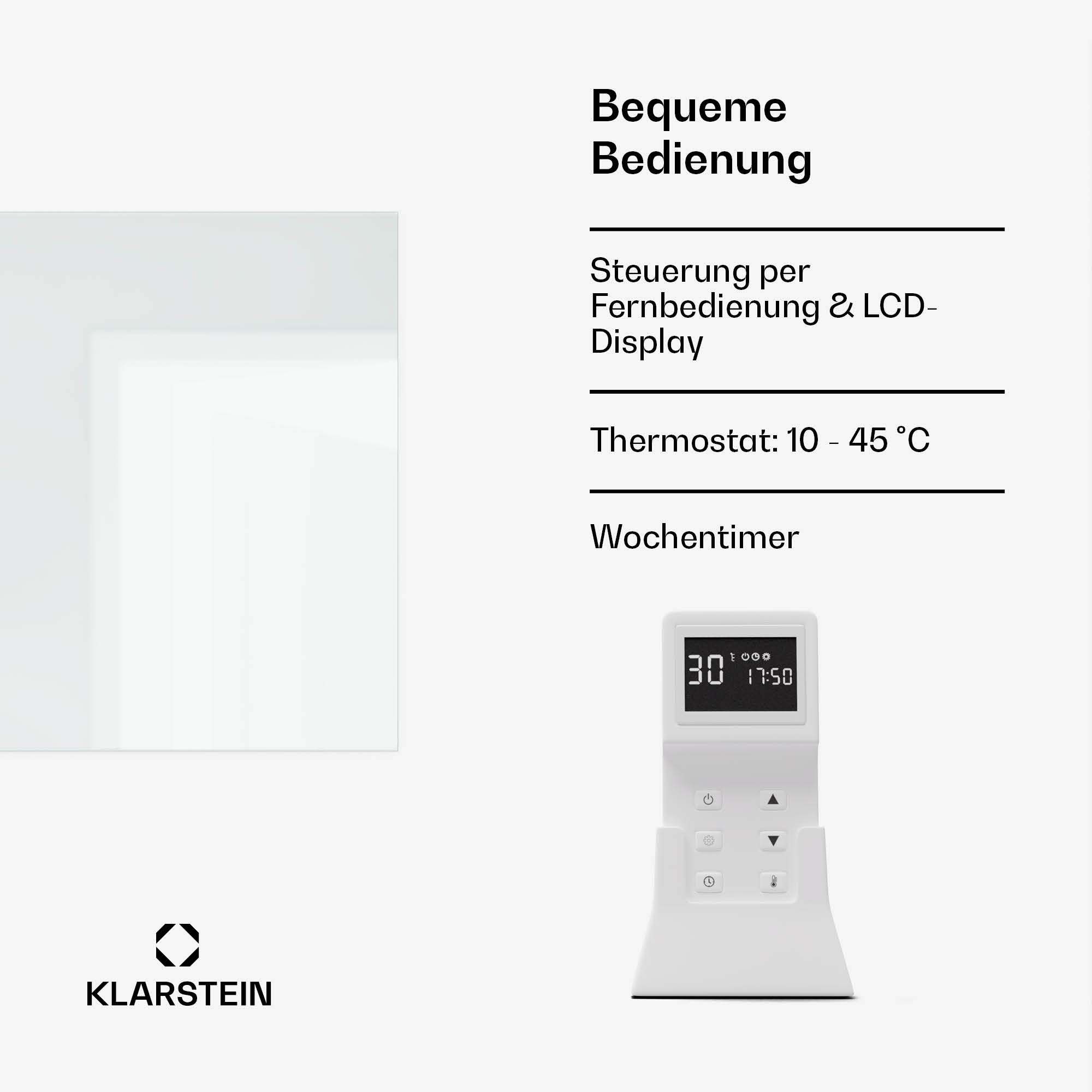 Telecomando e un display bianco che mostra l'ora e le impostazioni.