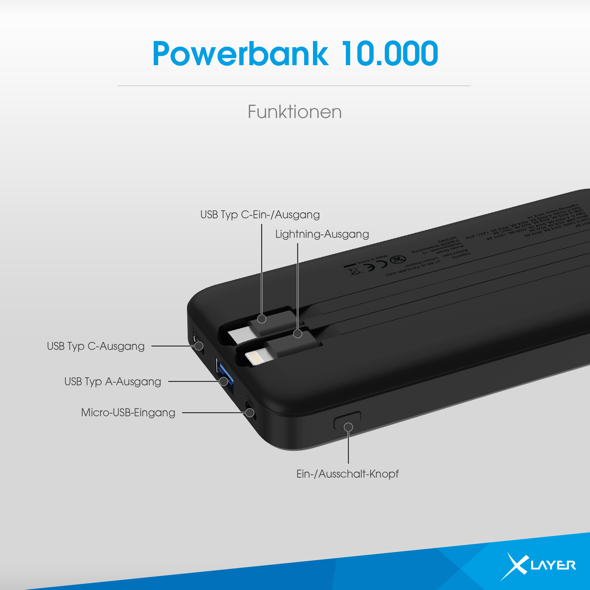 XLAYER XLayer Powerbank 10.000 integrierten Powerbank Black schwarz 20W Kabeln PD mAh mit 37 zwei