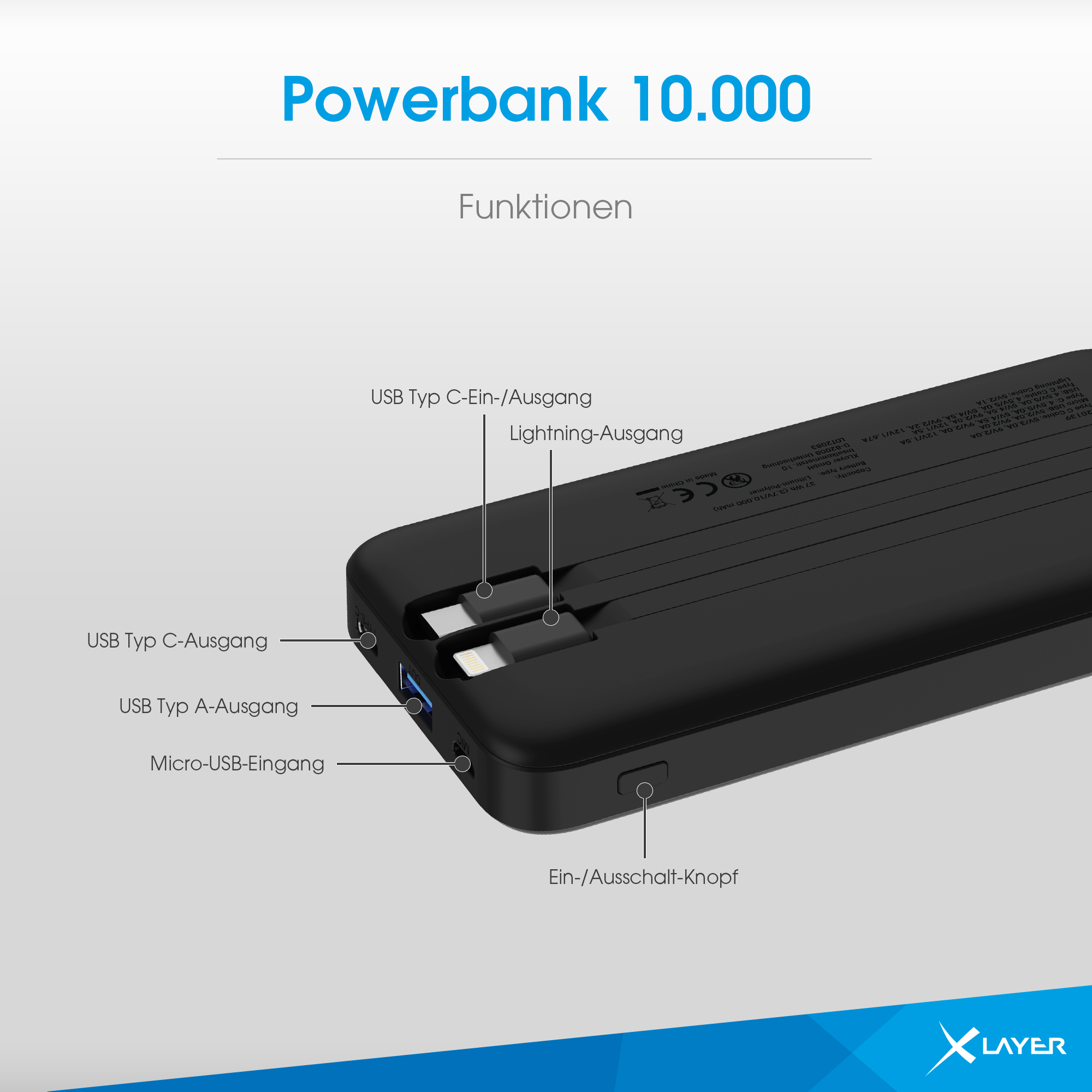Schwarze Powerbank mit mehreren Anschlüssen und Etiketten, auf weißem Hintergrund, Nahaufnahme.