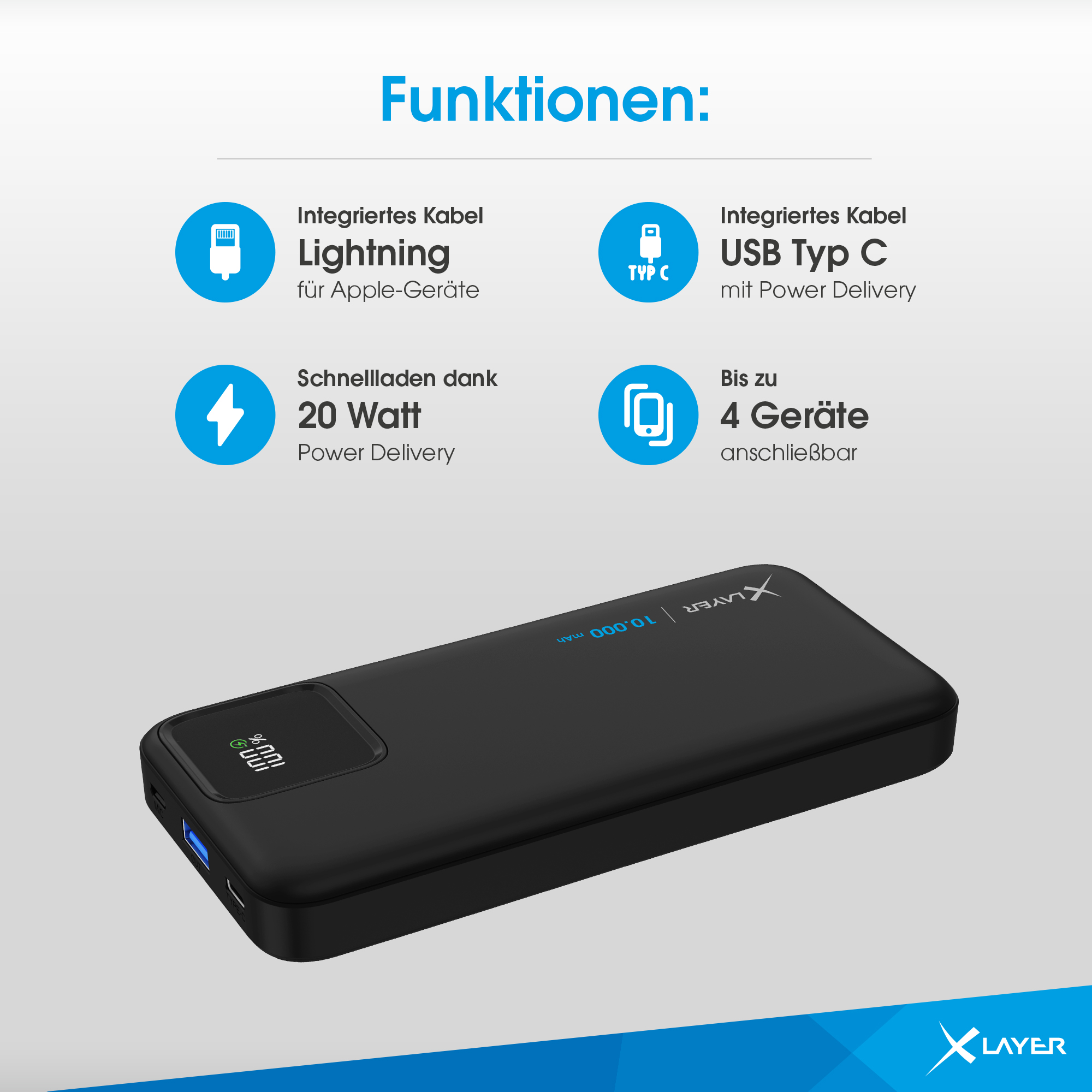 Schwarze Powerbank mit Bildschirm und Symbolen. Der Bildschirm zeigt den Akkustand.