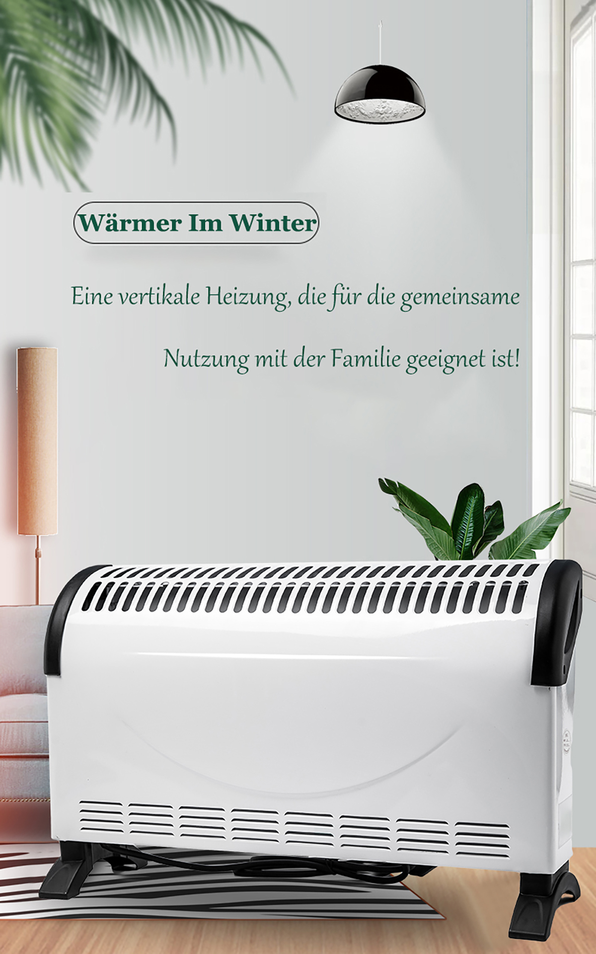 Eine weiße Heizung mit schwarzem Oberteil, in einem Raum mit Sofa, Pflanzen und Lampe.