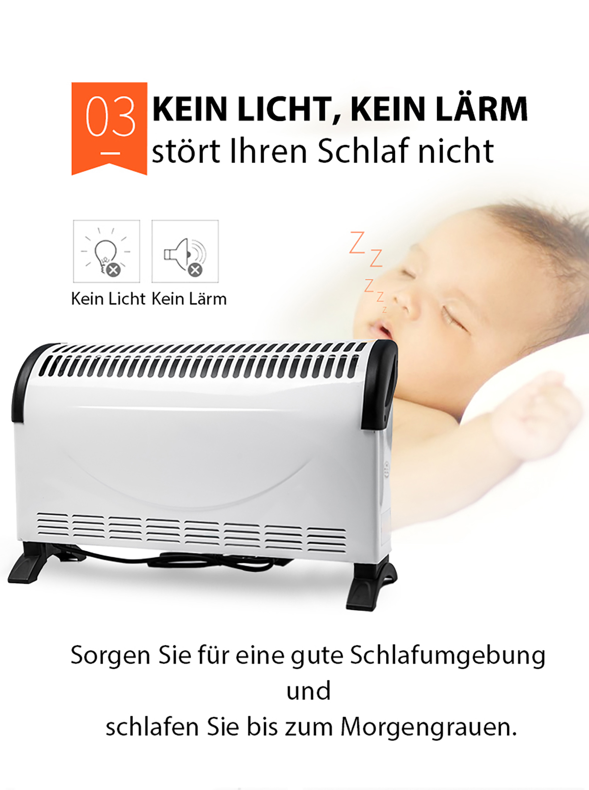 Eine weiße Heizung neben einem schlafenden Baby. Der Text erwähnt kein Licht oder Geräusche.