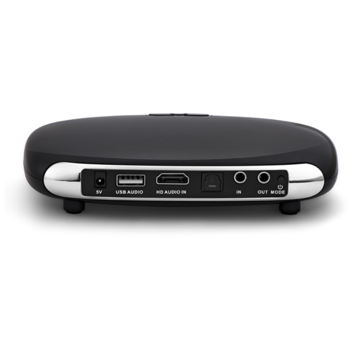 Ein schwarzes Gerät mit Eingängen, HDMI- und Audio-Ein-/Ausgängen. Es hat einen Stromeingang.