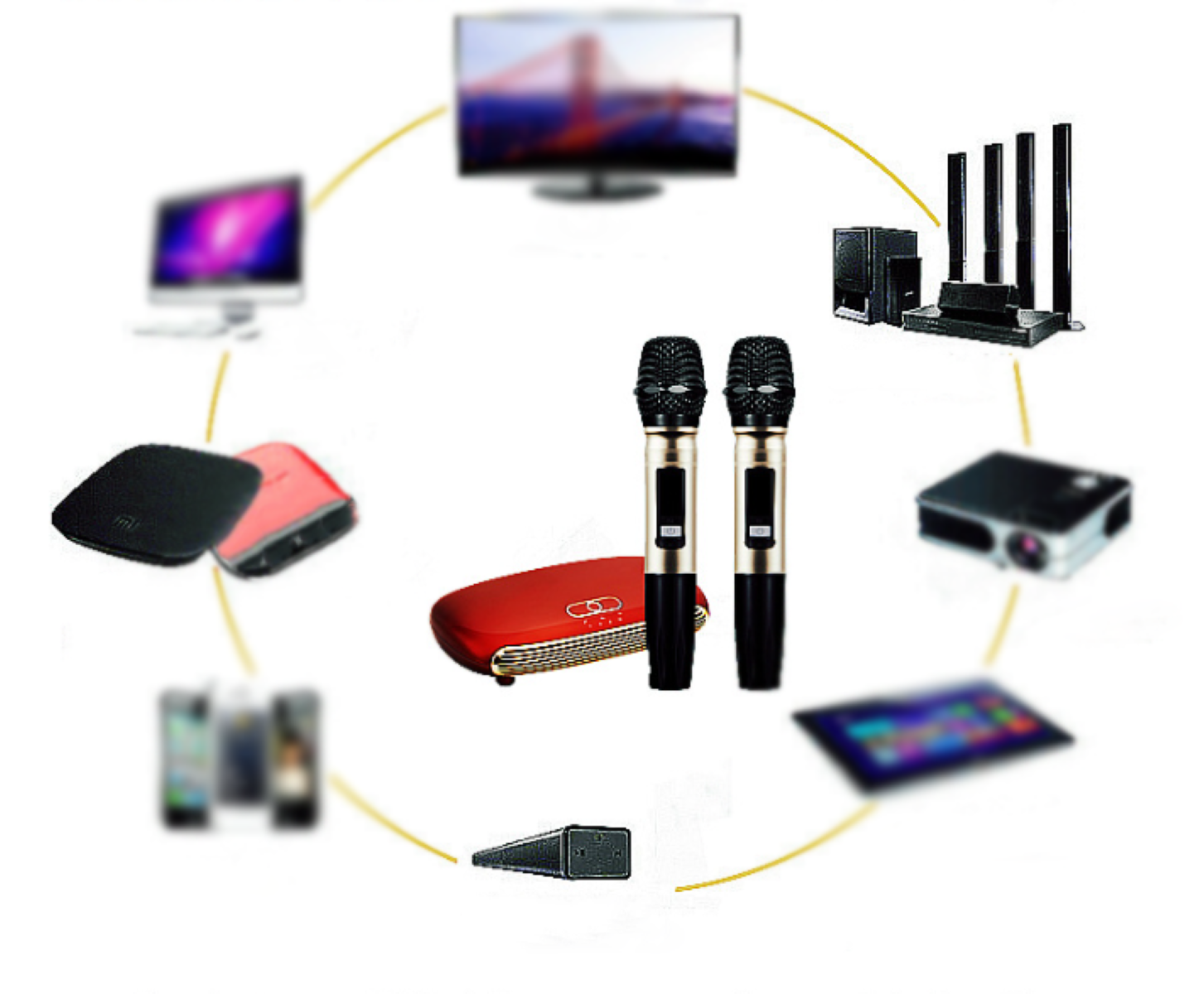 Eine Reihe von Multimediageräten. Zwei Mikrofone sind zentral positioniert, umgeben von Bildschirmen.