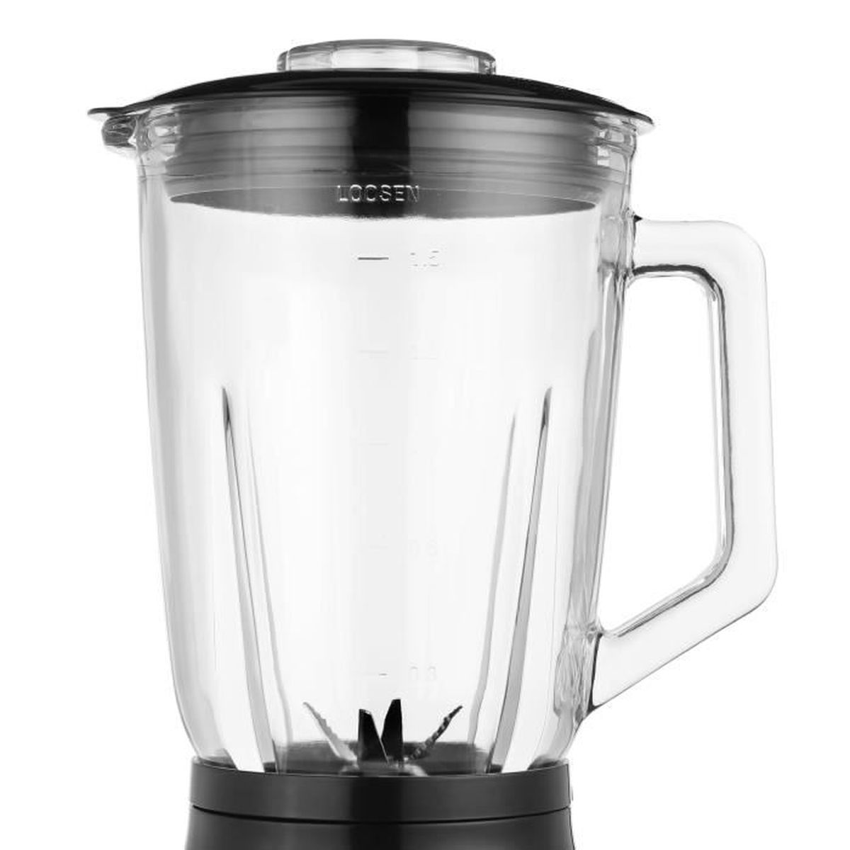 Frullatore, caraffa in vetro trasparente con manico, base nera, coperchio nero. Ha una lama all'interno.