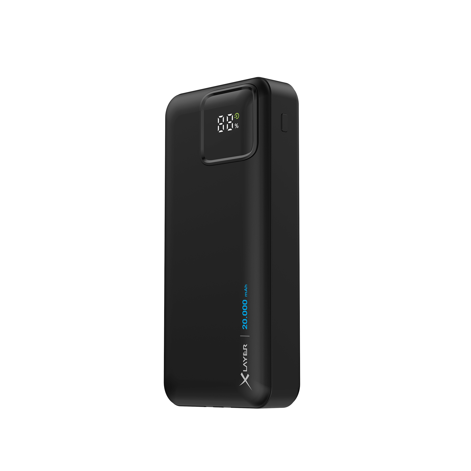Schwarze Xlayer Powerbank. Sie hat eine Digitalanzeige und einen blauen Text mit 20.000 mAh.
