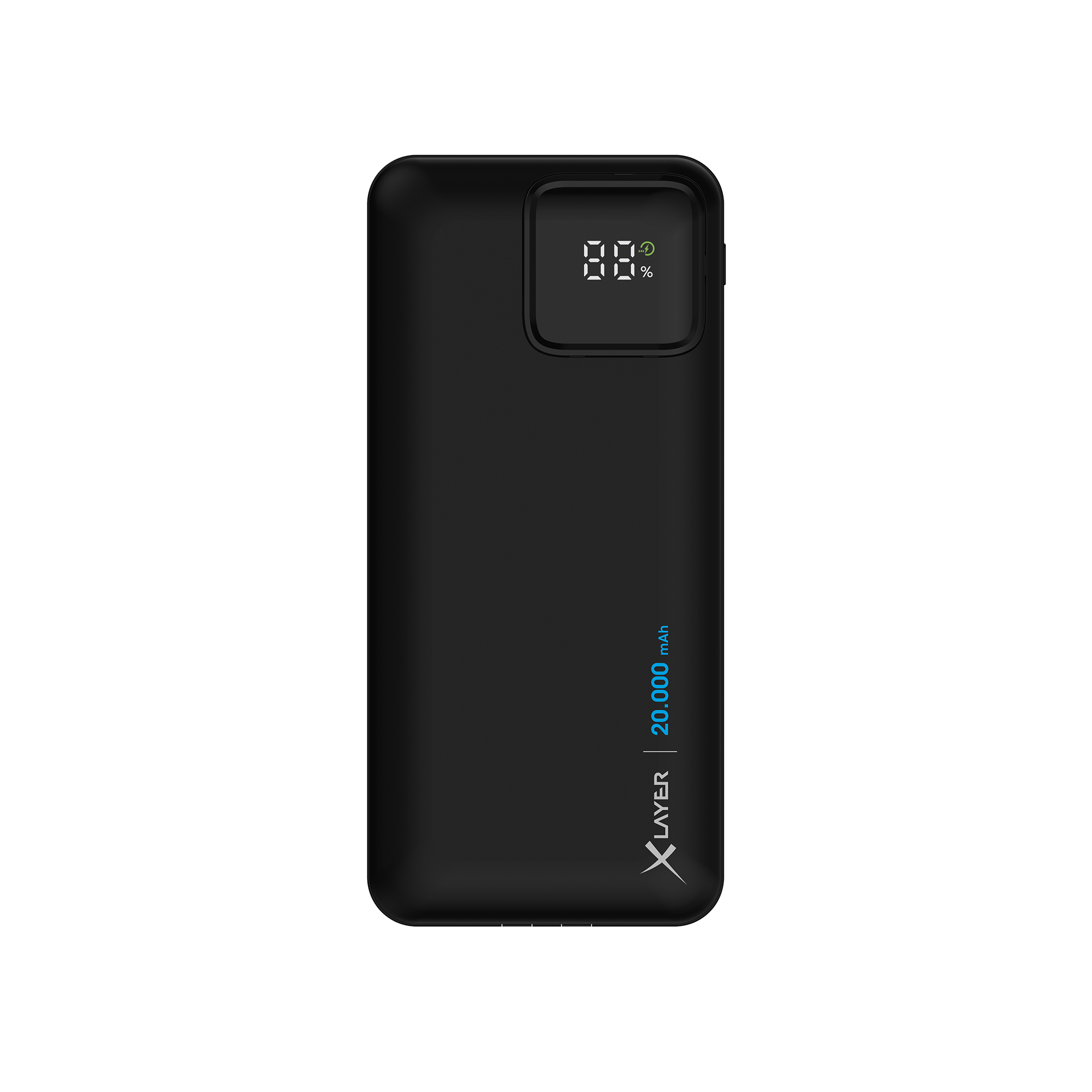 Schwarze Powerbank mit digitaler Anzeige, die den Akkustand anzeigt.