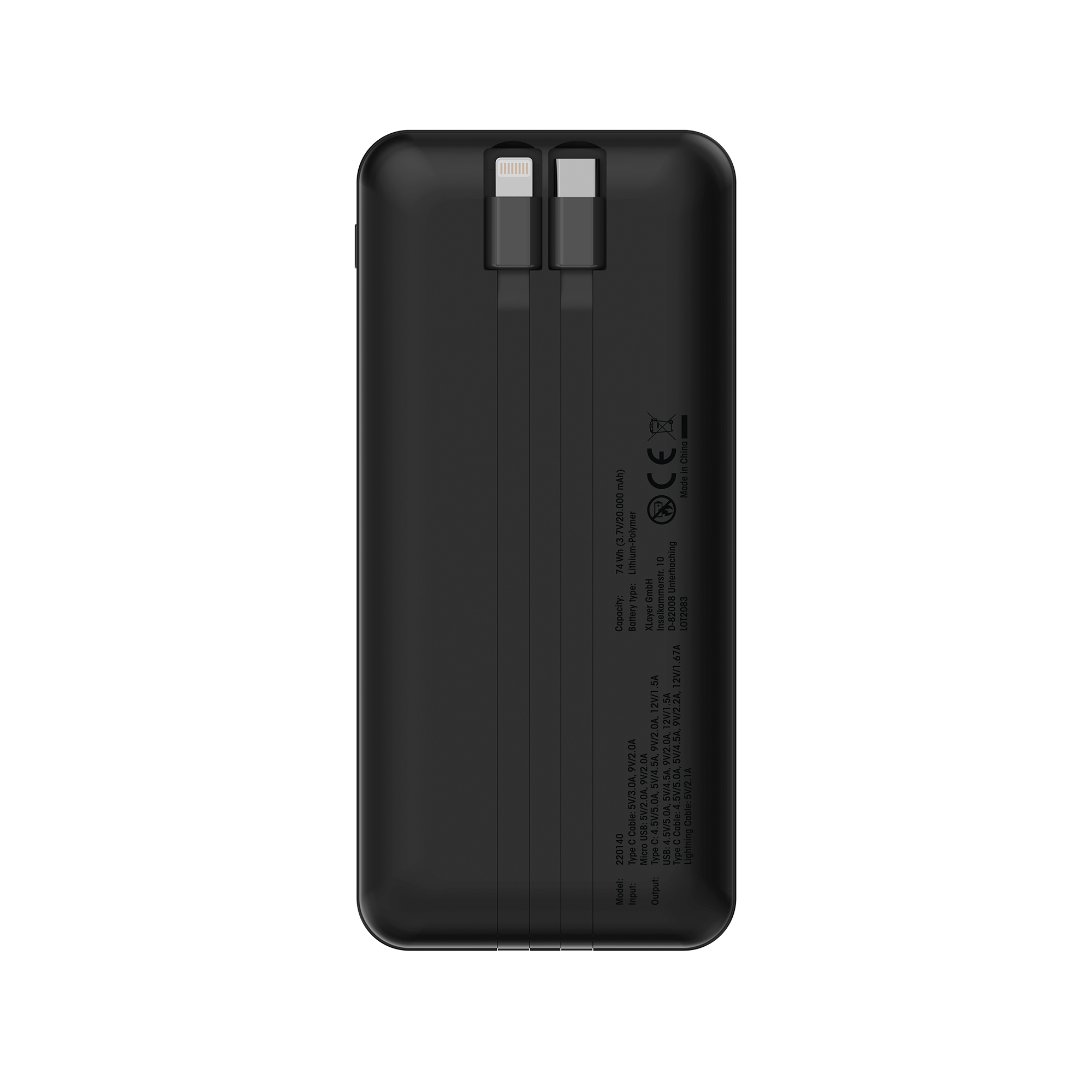 Schwarze Powerbank mit zwei Ladekabeln. Weißer Text ist vorhanden.