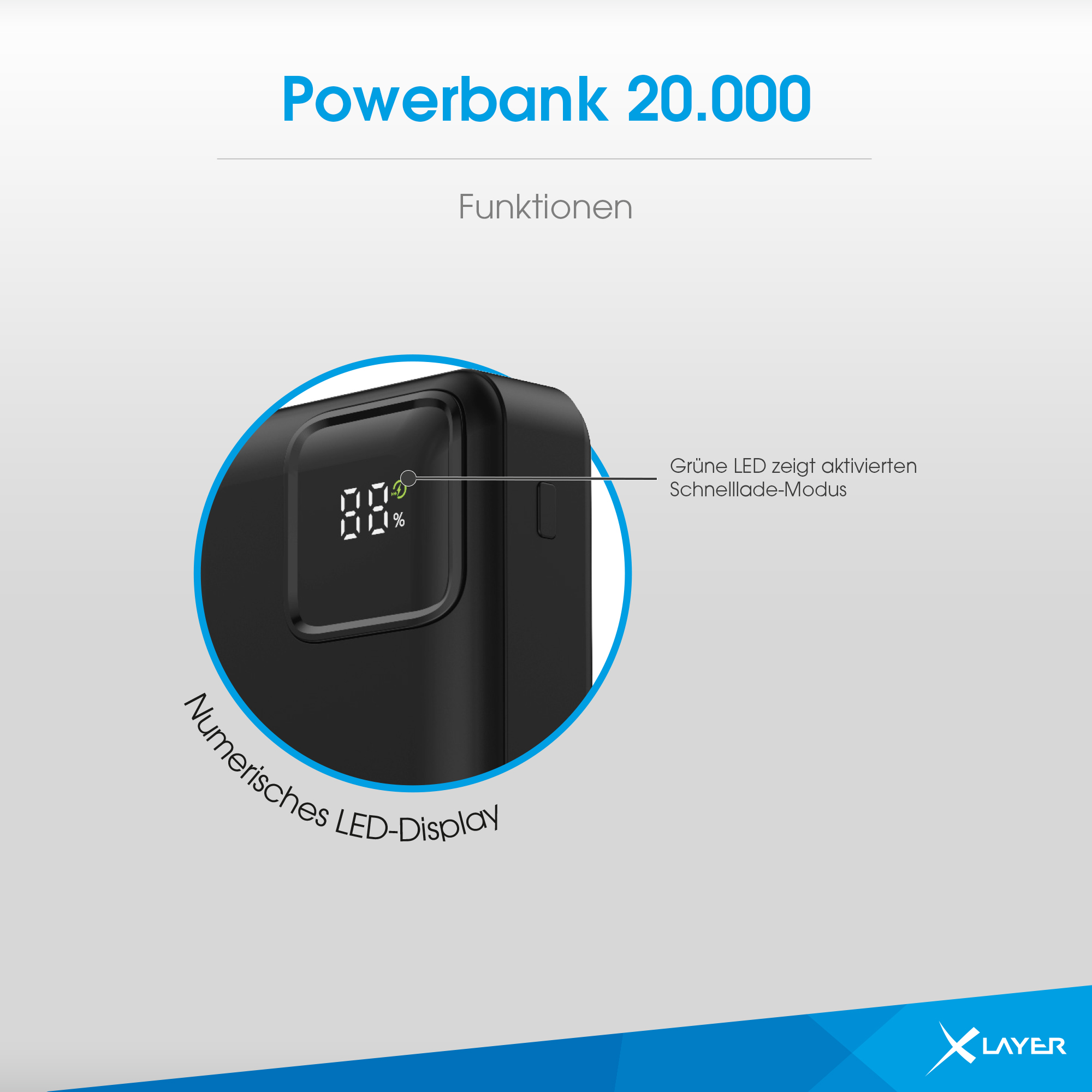 XLAYER XLayer Powerbank 20.000 mAh Powerbank mit 20W 74 Black PD schwarz integrierten Kabeln zwei