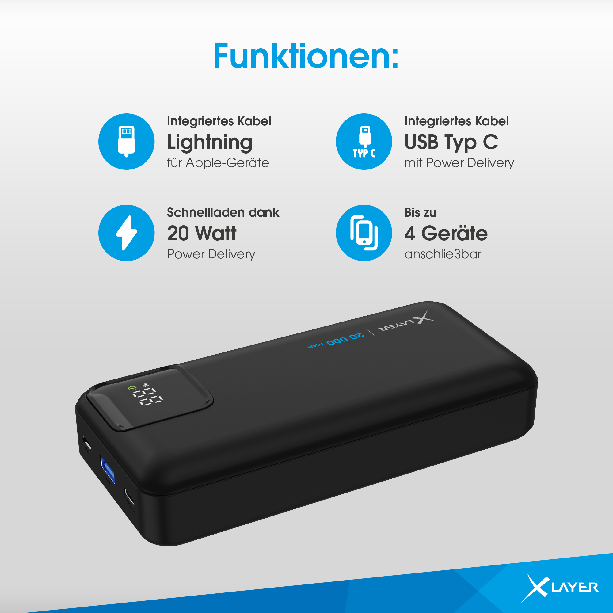 Schwarze Powerbank mit Bildschirm und Symbolen. Der Bildschirm zeigt den Akkustand.