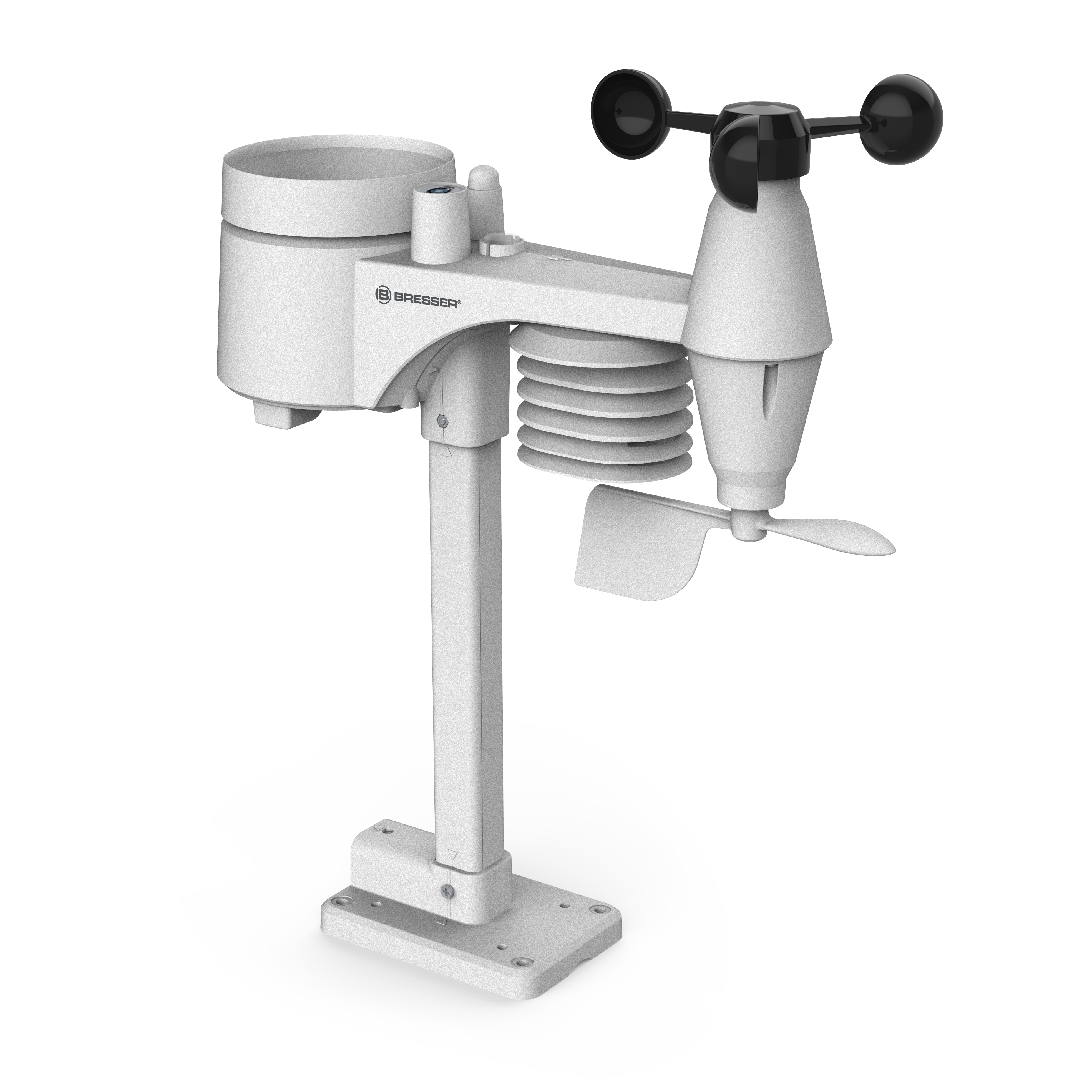 Weiße Wetterstation mit Regenmesser, Anemometer und Anzeige.