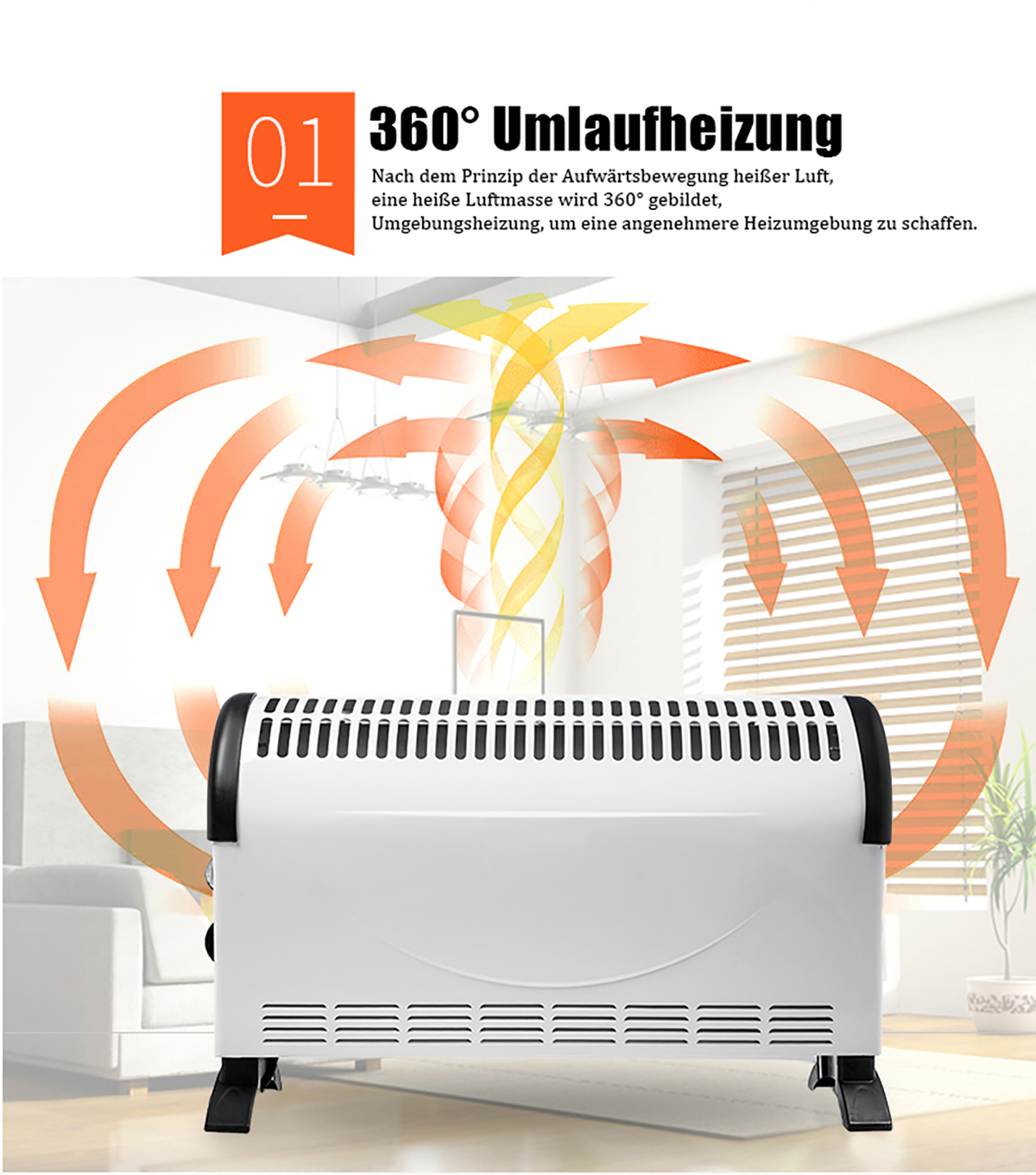 Weißer Heizlüfter mit Pfeilen, die den Luftstrom veranschaulichen. Schwarze Akzente. Weißer Hintergrund. Deutscher Text.