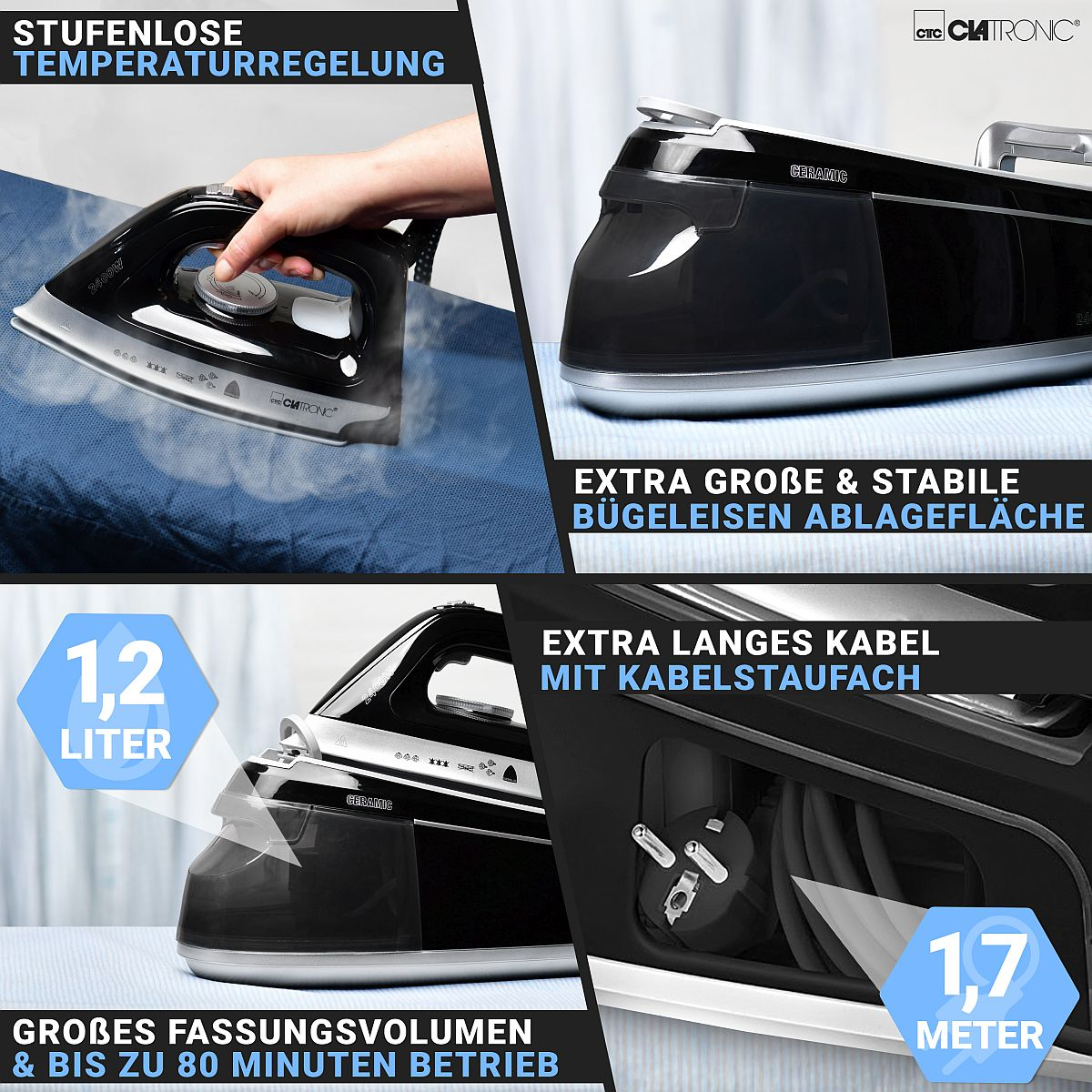 Żelazko z funkcjami: regulacja temperatury, duża powierzchnia prasowania i schowek na przewód. Czarno-srebrny design.