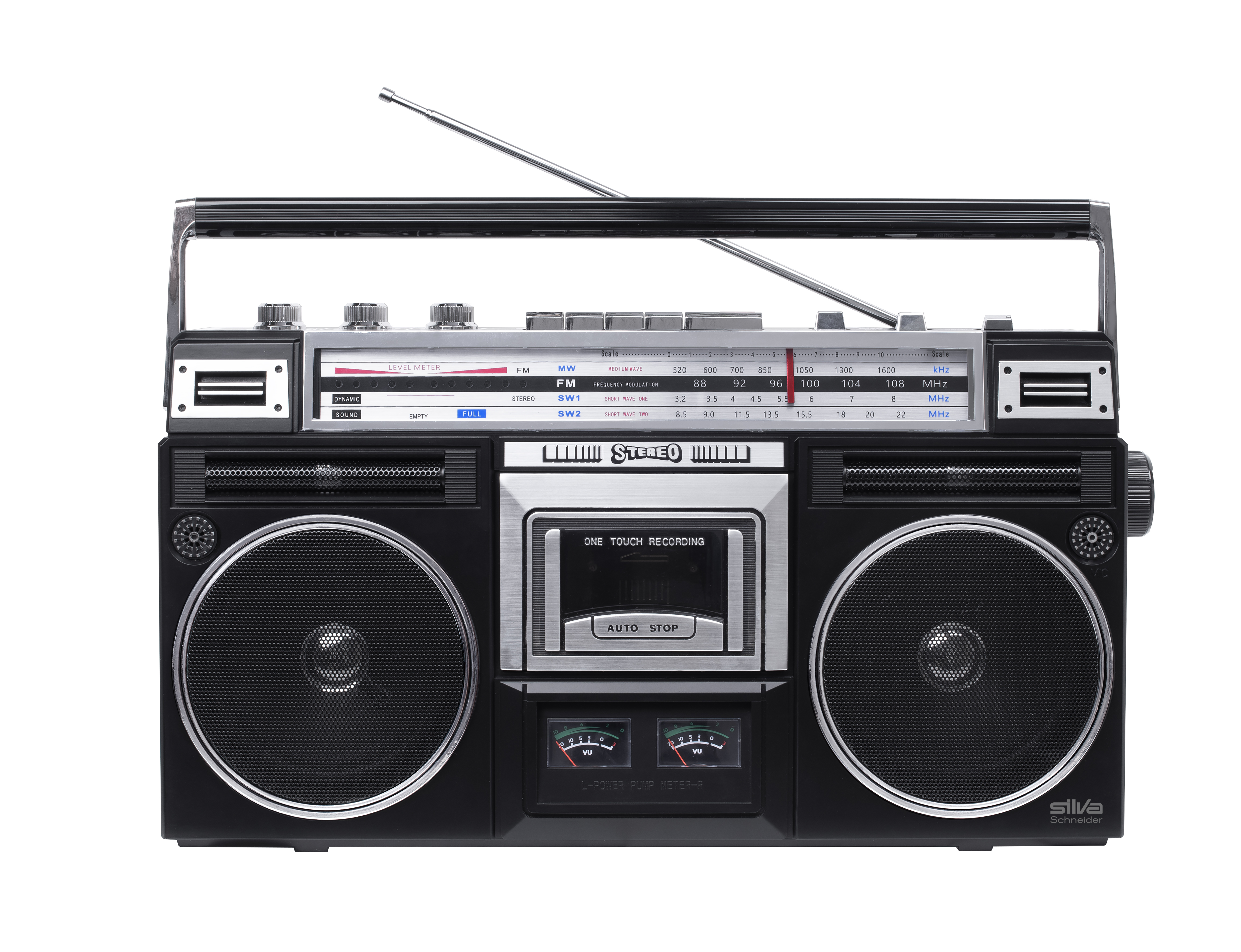 Ein schwarzer Retro-Boombox mit silbernen Akzenten. Es hat zwei Lautsprecher, einen Griff und eine Antenne.