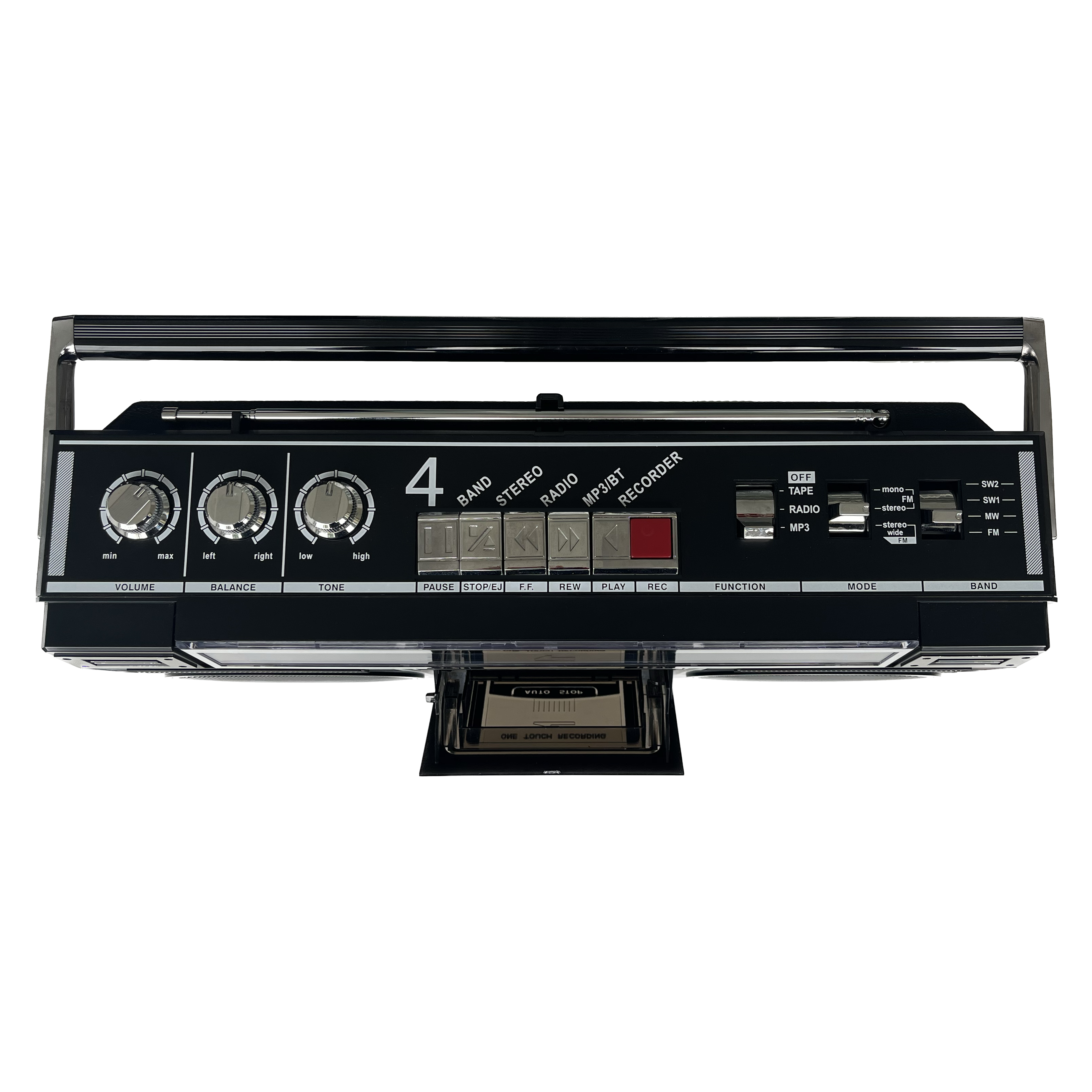 Draufsicht auf einen schwarzen Vintage-Boombox mit silbernen Akzenten. Inklusive Kassettentür und Bedientasten.