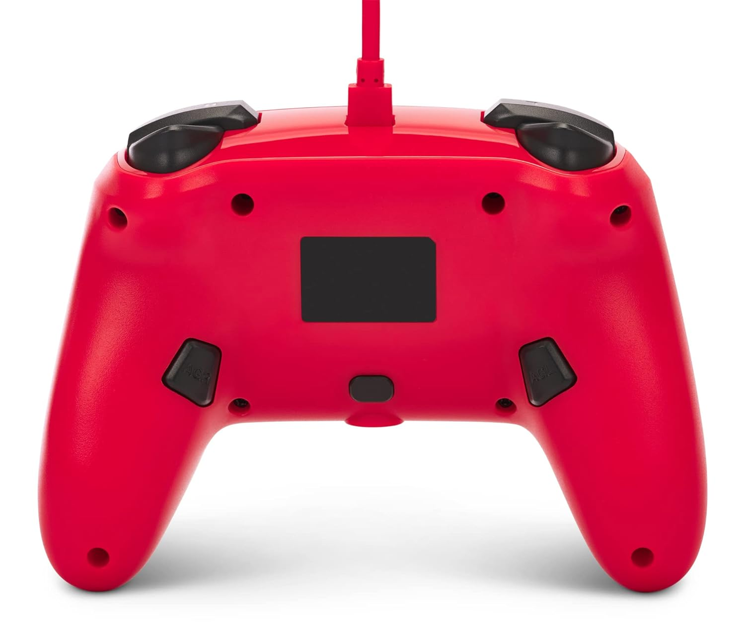 Czerwony kontroler do gier z przyciskami, joystickami i czerwonym kablem.