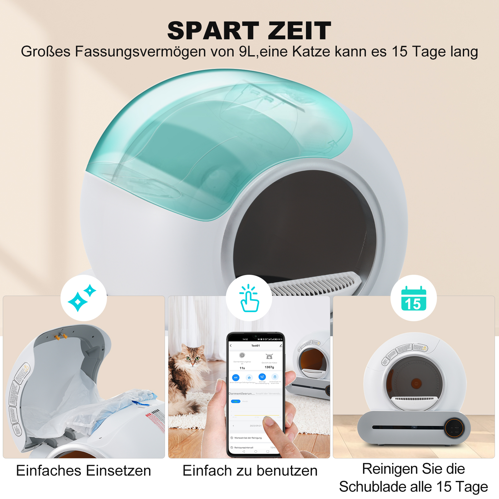 Eine Katzenstreu-Box mit Bildern, die einfache Handhabung zeigen.