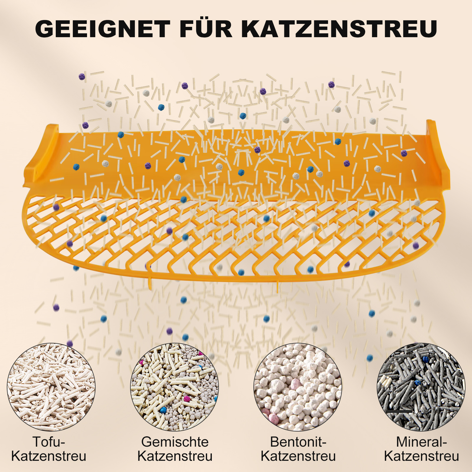 Orangener Katzenstreu-Sieb mit vier verschiedenen Streuarten in Kreisen darunter.