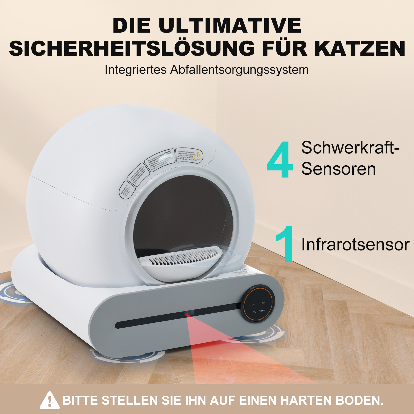 Weiße Katzentoilette mit Sensoren, Text und rotem Licht auf Holzfußboden.