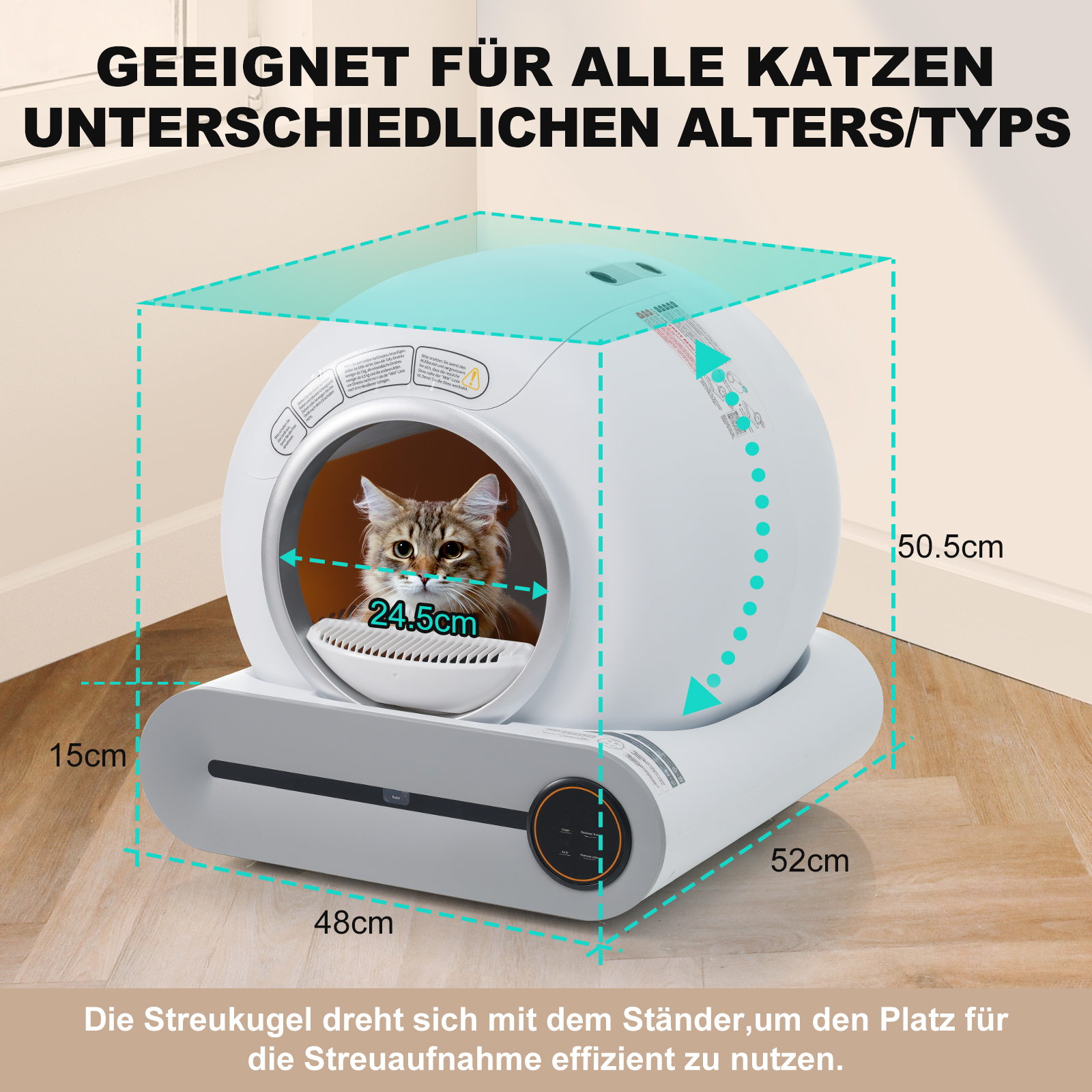 Eine Katze in einer selbstreinigenden Katzentoilette. Abmessungen und Text sind um das Produkt herum dargestellt.