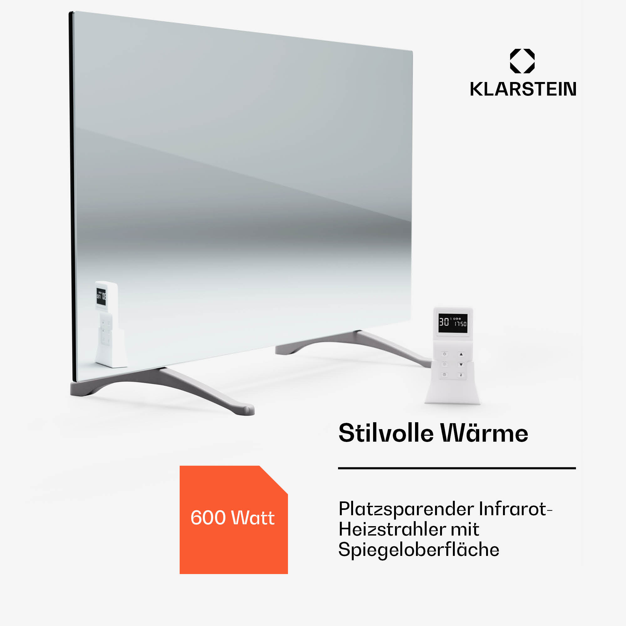 Termoventilatore a pannello in vetro con supporto e telecomando. Scatola arancione indica 600 watt.