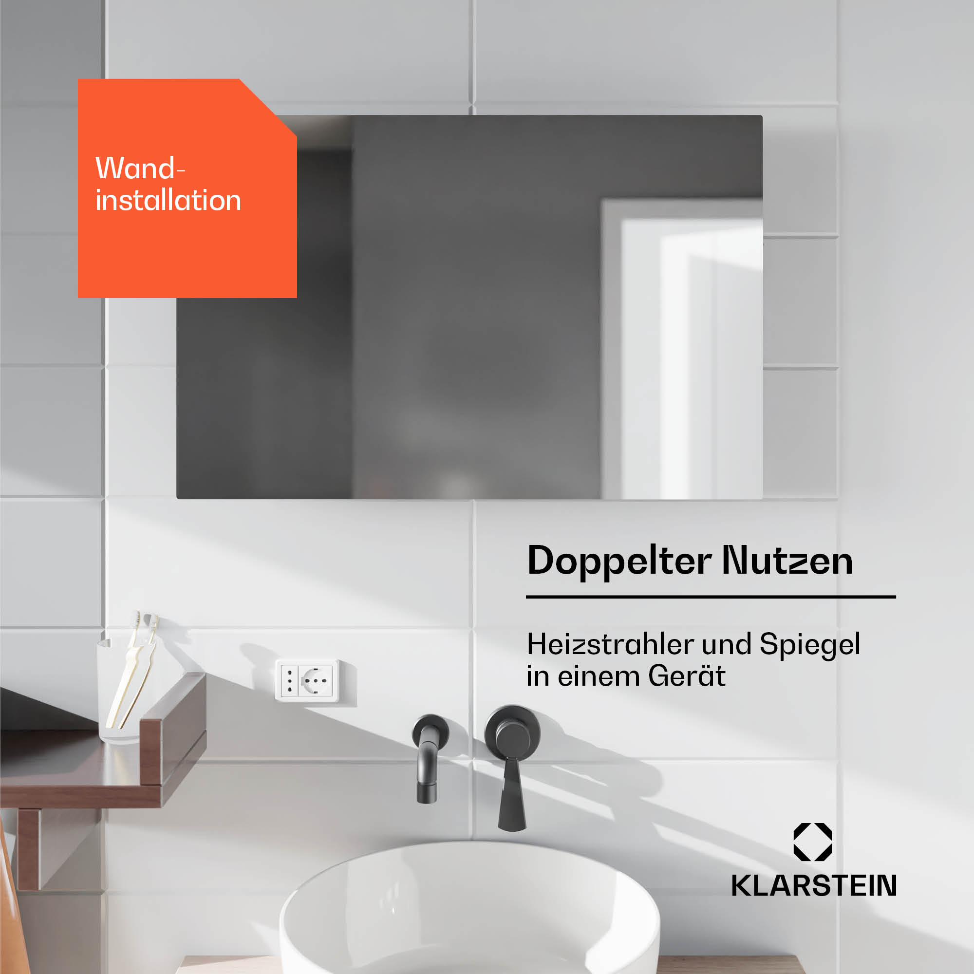 Specchio su una parete piastrellata bianca. Testo 'Doppelter Nutzen' e il marchio 'KLARSTEIN'.