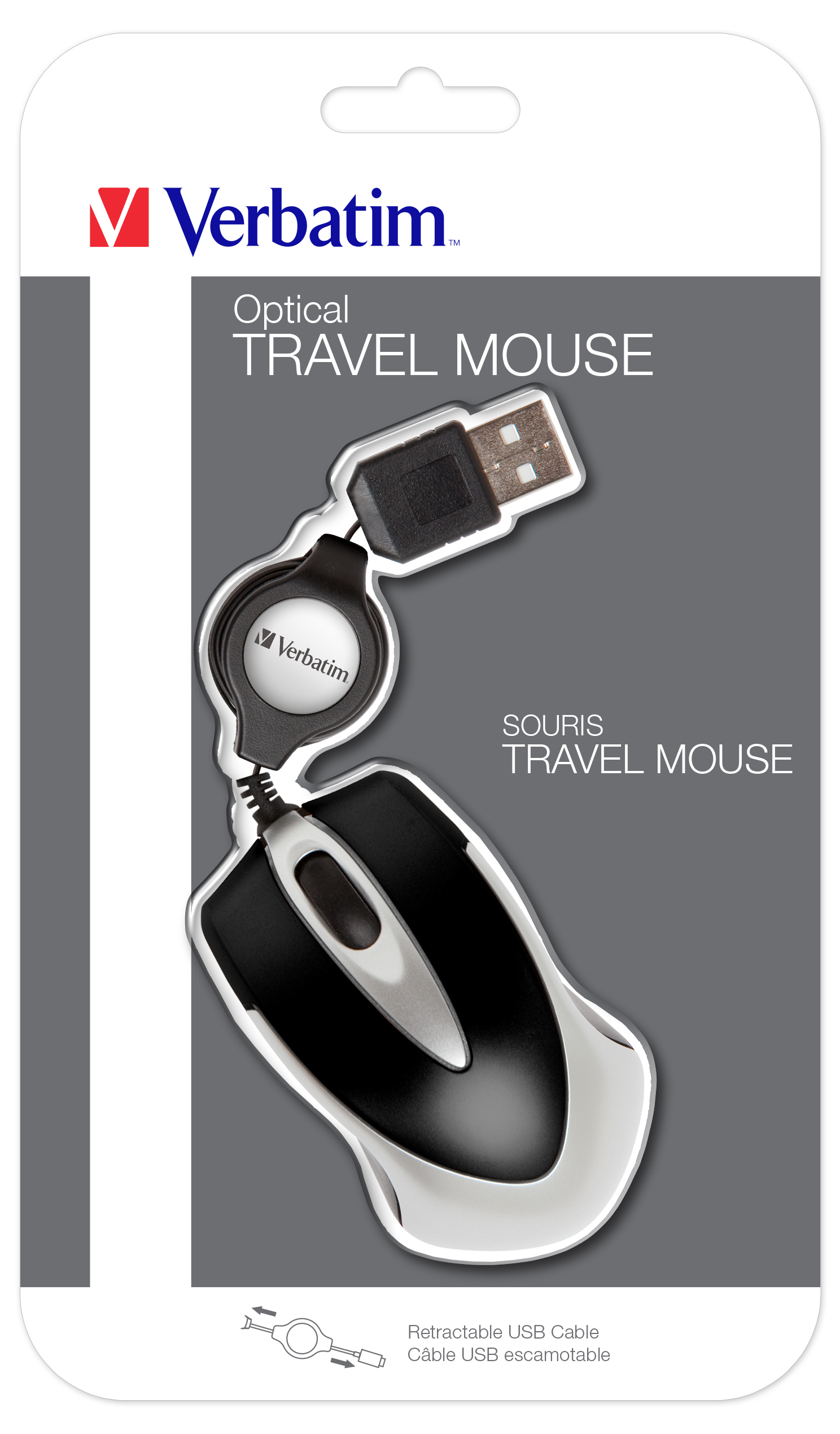 Maus in einer Verpackung. Die Verpackung zeigt die Maus, ihr einziehbares USB-Kabel und das Markenlogo.