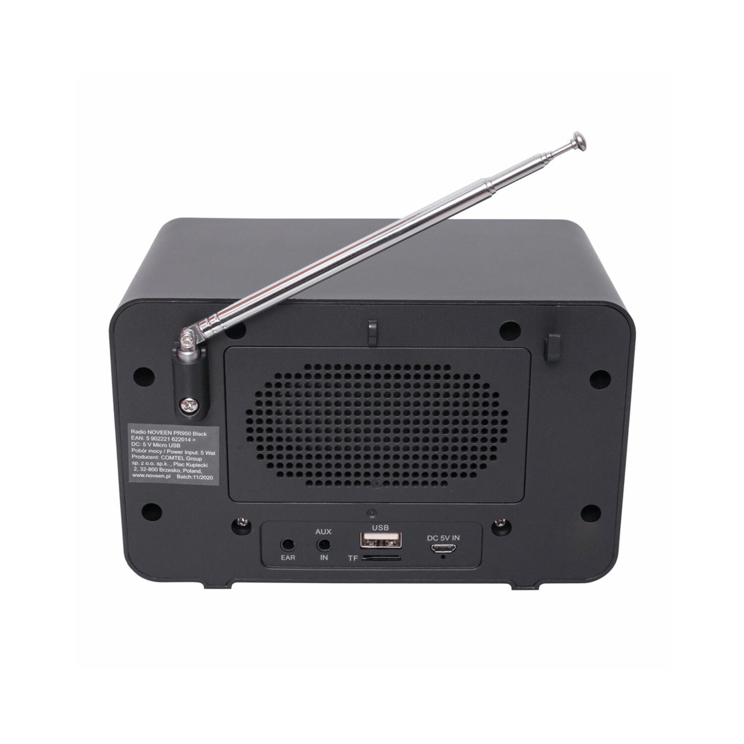 Schwarzes Retro-Radio mit ausgefahrener Antenne, Rückseite mit Lautsprechergitter und Eingängen.