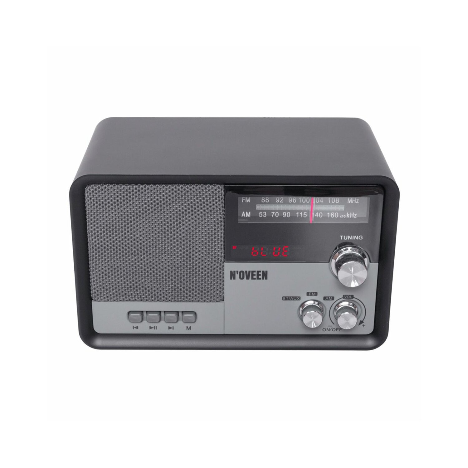 Ein graues und schwarzes Retro-Radio. Es hat einen Lautsprecher, einen Drehknopf und Knöpfe.