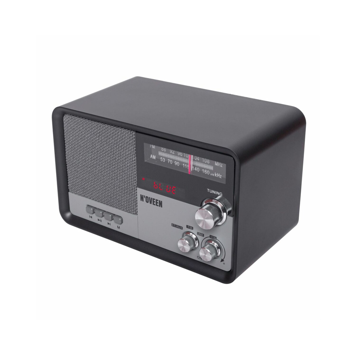 Ein schwarzes Retro-Radio mit silberner Bedienblende, das Zeit- und Radiofrequenzinformationen anzeigt.