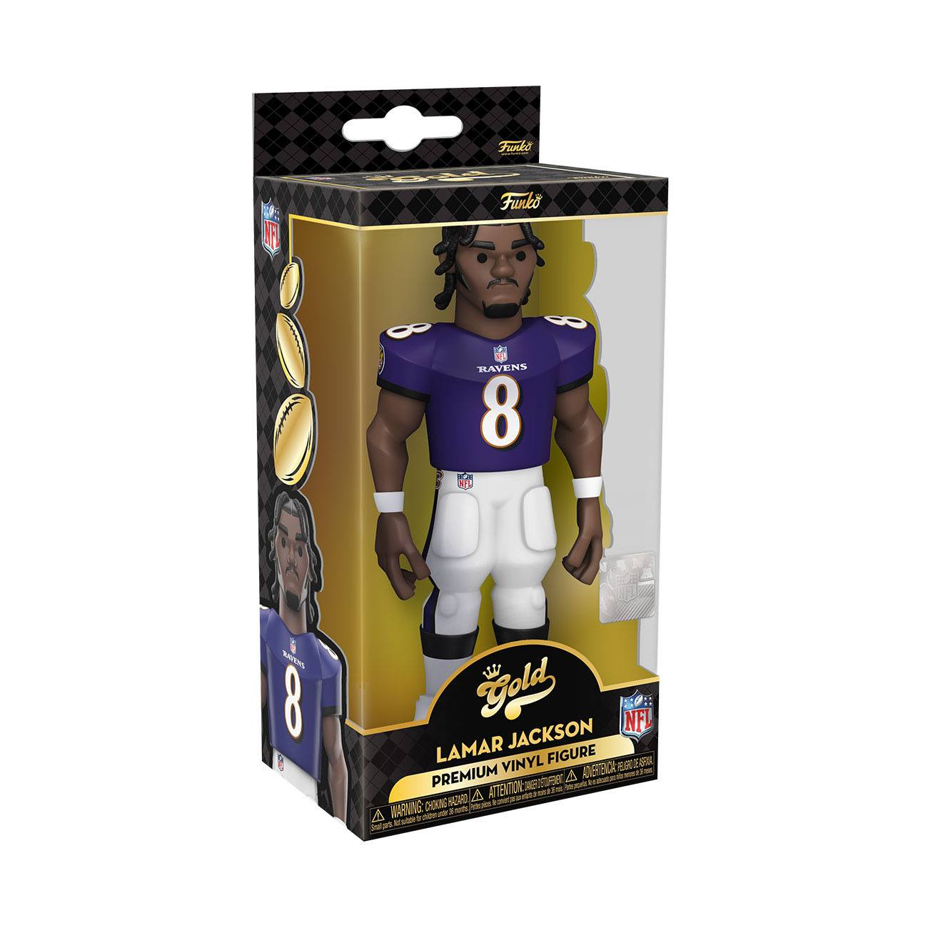 Lamar Jackson Figur in einer goldenen Premium-Vinyl-Box, trägt ein Ravens-Trikot.