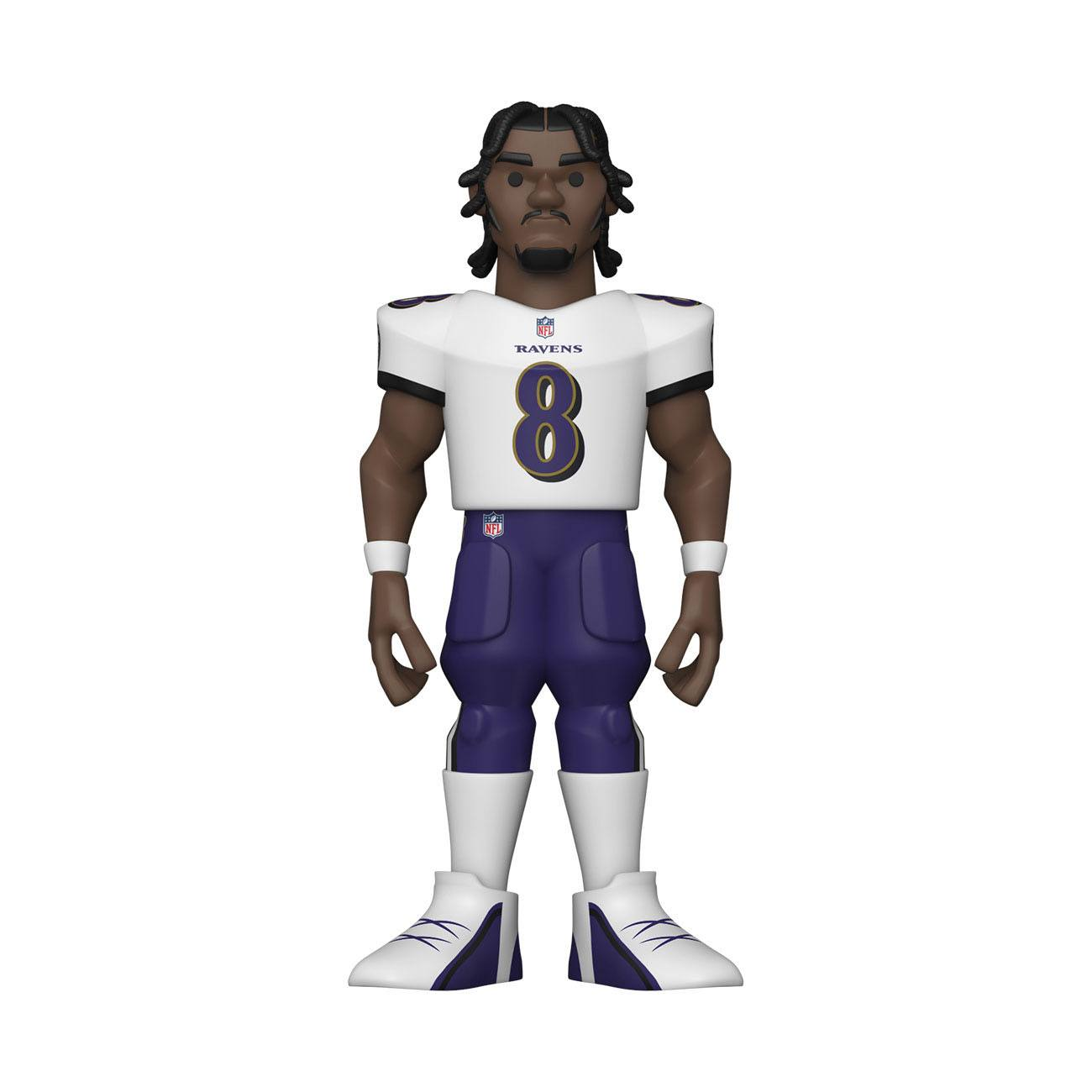 Lamar Jackson Figur im Ravens-Trikot, Nummer 8, steht auf weißem Grund, blickt nach vorn.