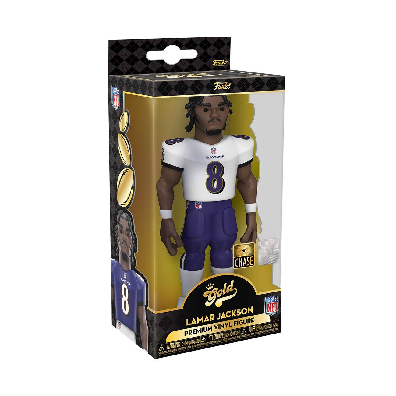 Lamar Jackson Actionfigur in Box. Schwarz-weiß Uniform. Klares Fenster. Gold-Etikett. NFL-Logo.