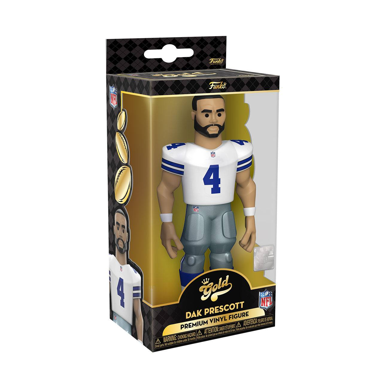 Eine Dak Prescott-Figur in einer Box. Die Figur trägt ein Dallas Cowboys-Trikot und hat einen goldenen Aufkleber.