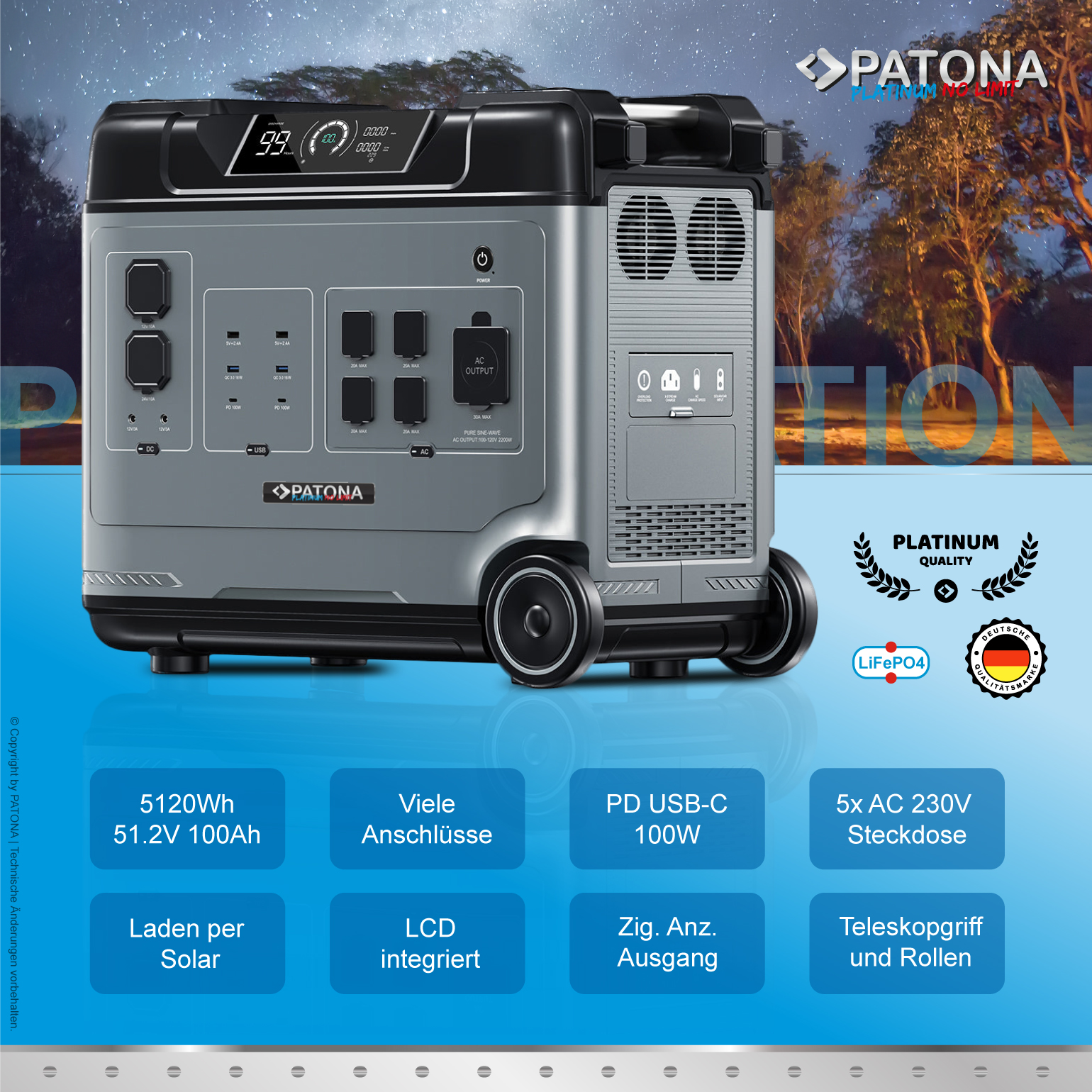 Grauer Generator mit schwarzem Oberteil und Rädern. Hat mehrere Anschlüsse und ein digitales Display. Nachts.