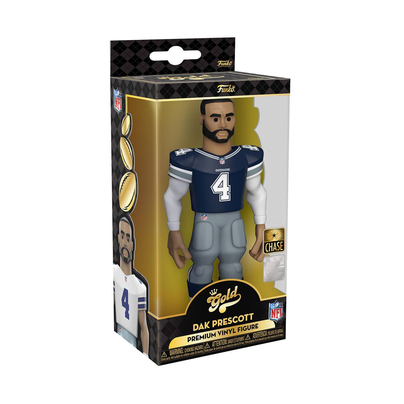 Dak Prescott Figur in Box. Blaue Uniform, Nummer 4, Cowboys-Logo.
