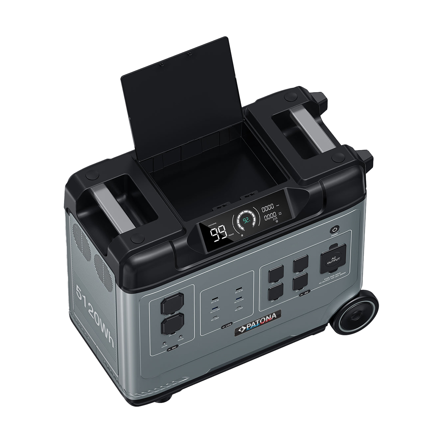 Eine grau-schwarze tragbare Powerstation mit schwarzem Deckel, Display und mehreren Anschlüssen.