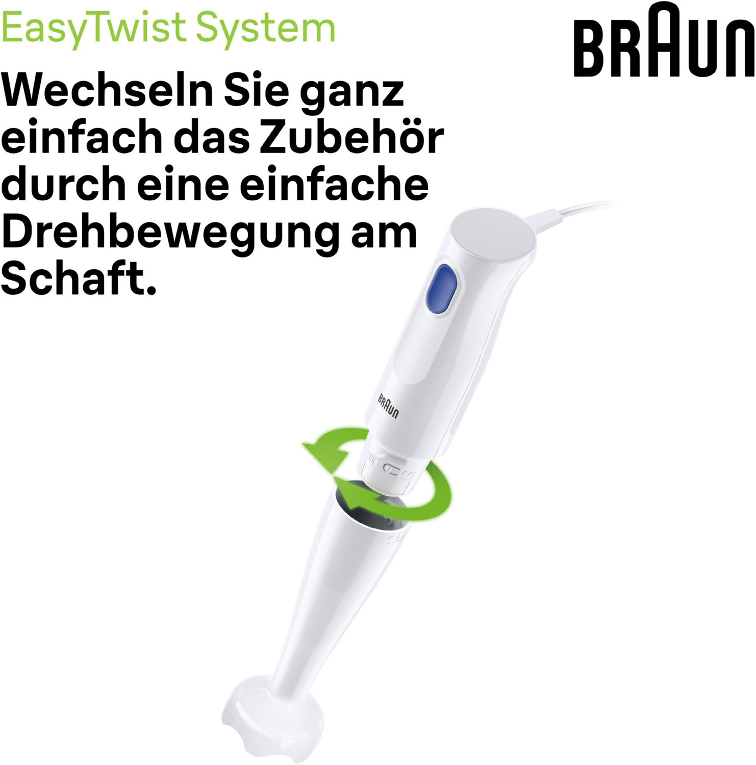 Biały blender ręczny Braun z odłączaną końcówką do mieszania. Instrukcje dotyczące łatwego skręcania.