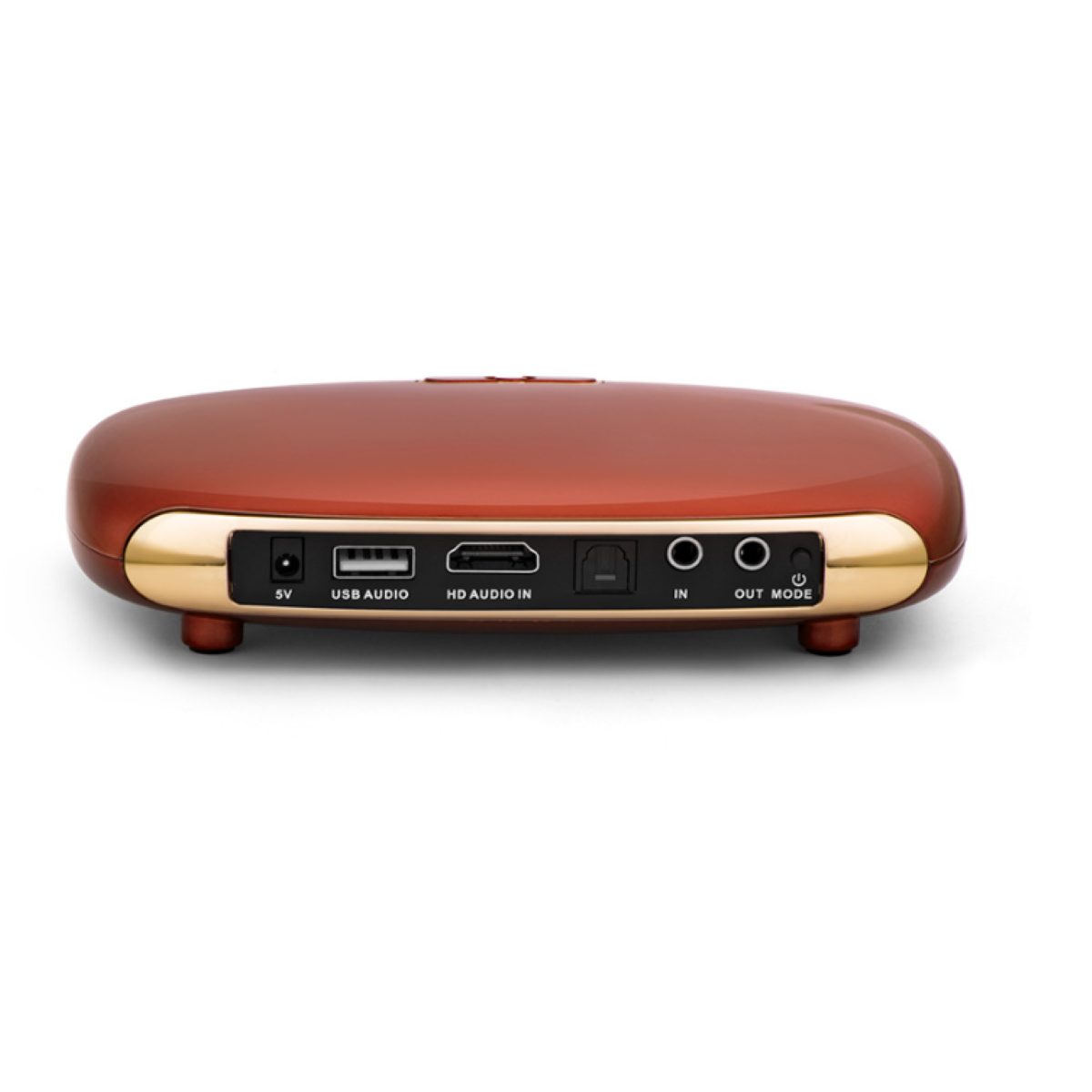 Rückseite eines braun-goldenen elektronischen Geräts. Es hat USB-, Audio- und Ausgangsanschlüsse.